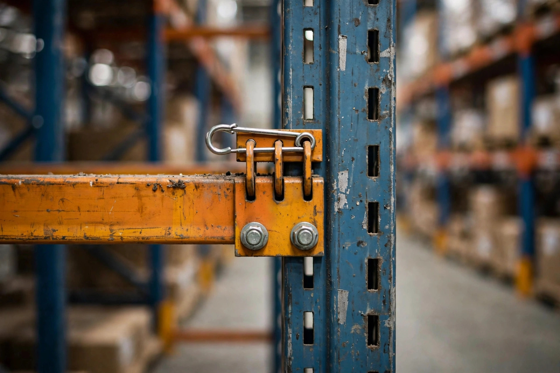 Close-up of rack upright and beam connection