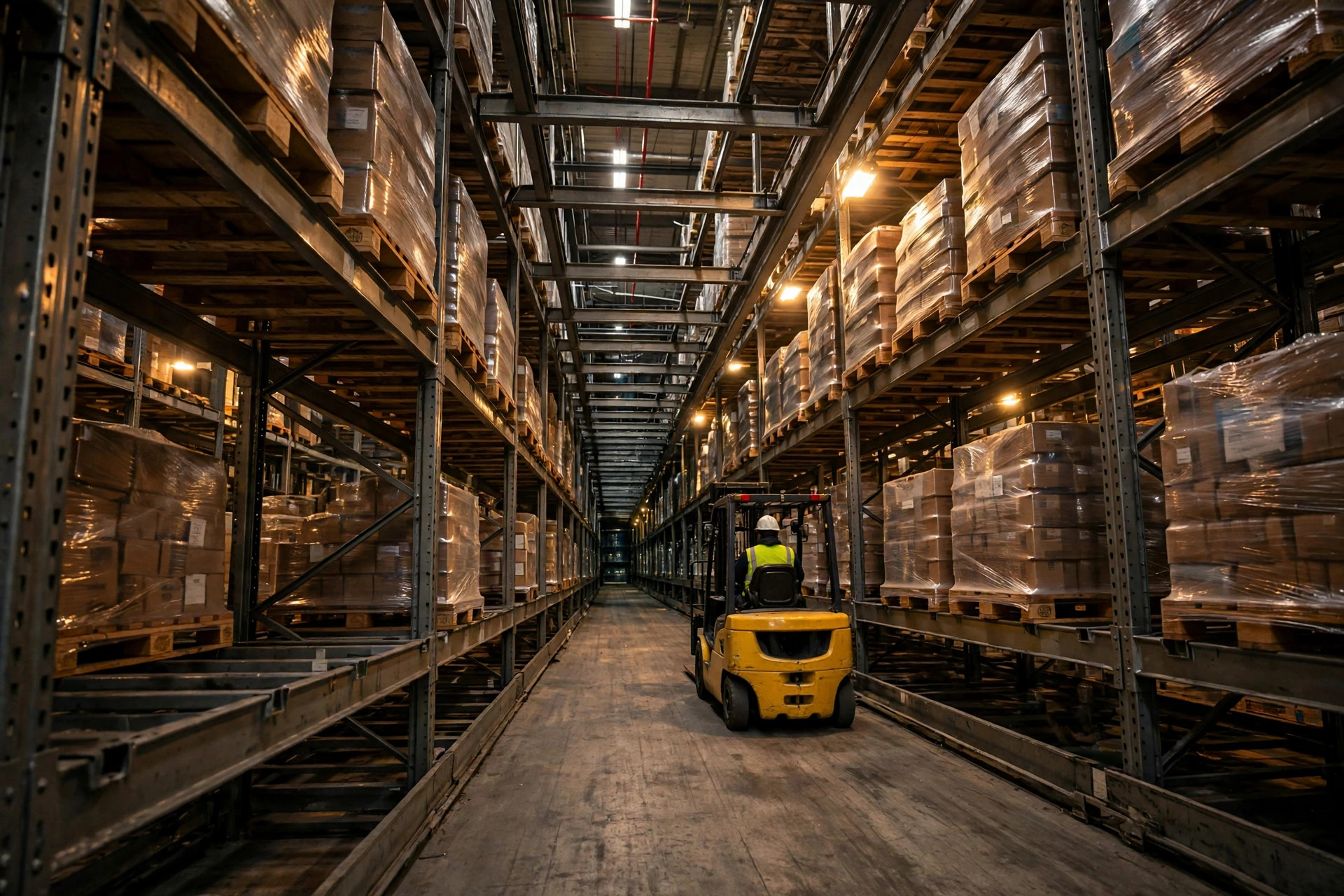 Stacker crane operating in an automated high-bay warehouse