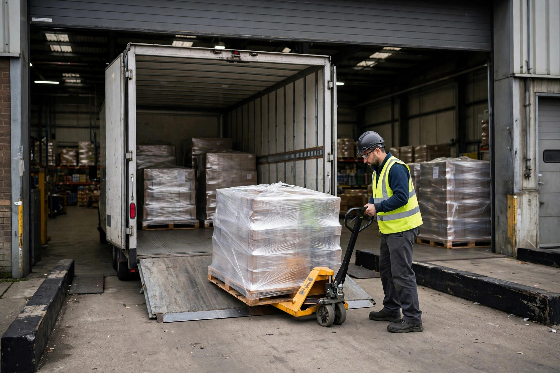 Inbound dock with pallets at a home-improvement distribution center