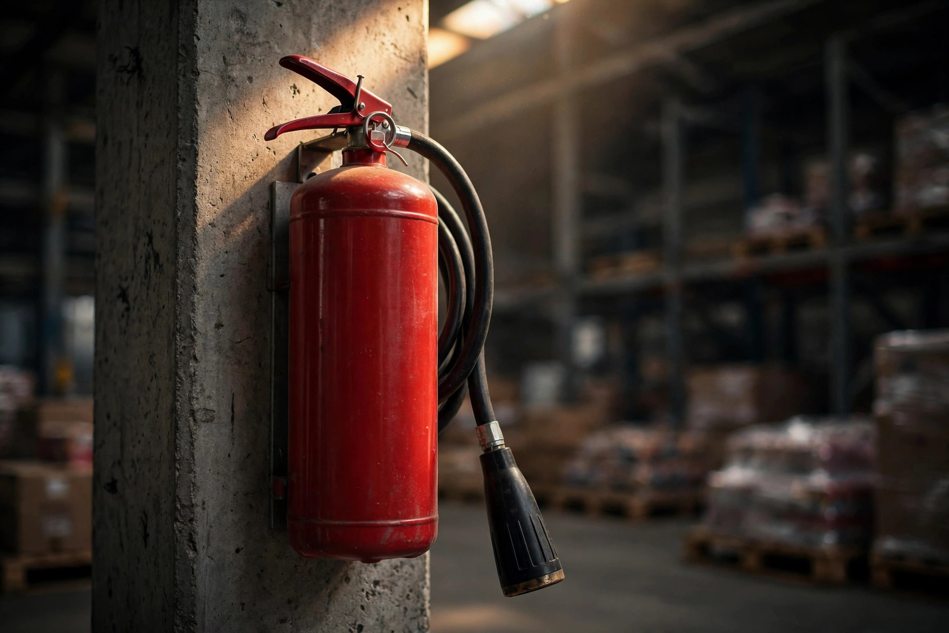 Primer plano de un extintor rojo montado en una columna del almacén, mantenido al alcance de la mano durante el trabajo en caliente