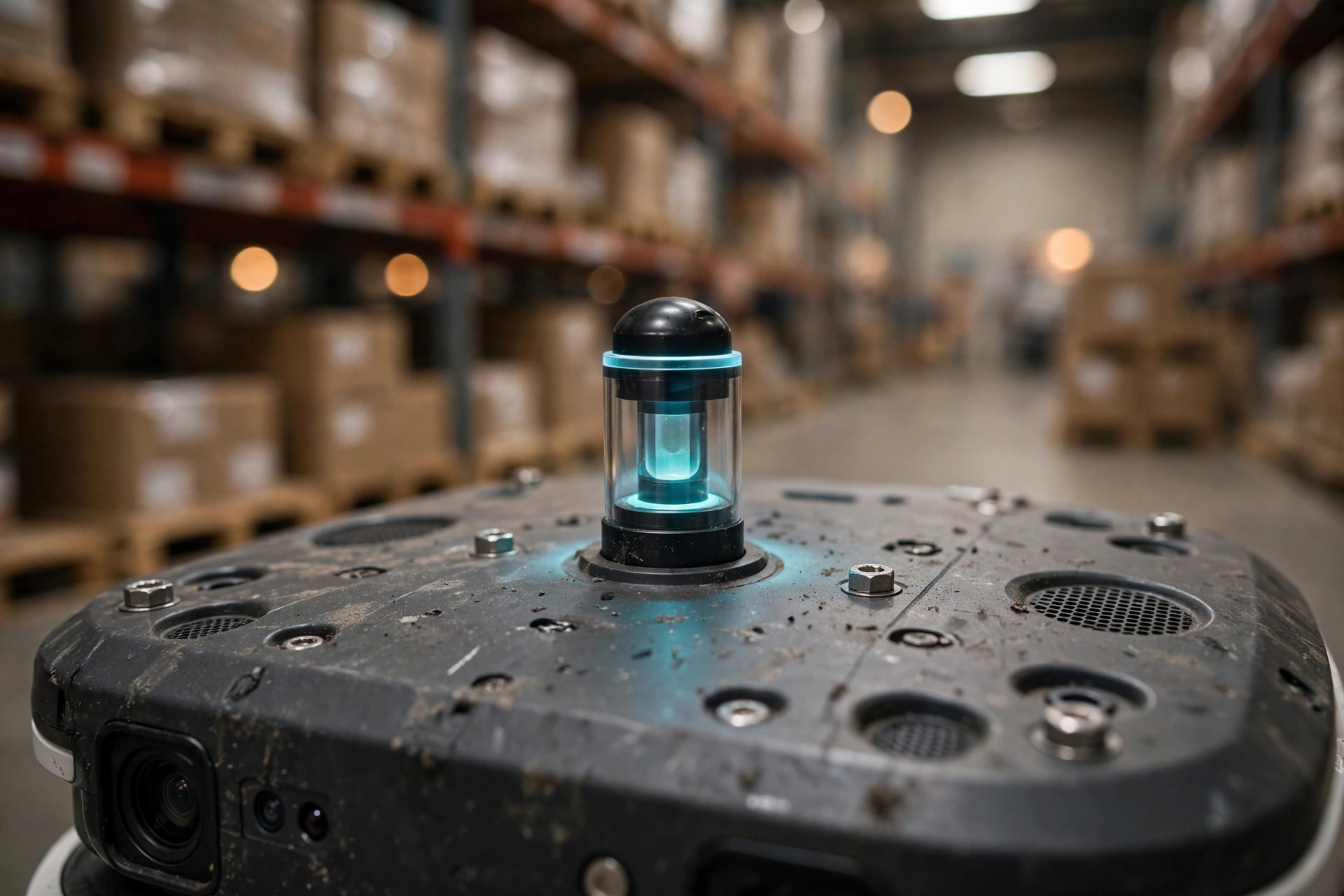 Close-up of a spinning LiDAR sensor on top of a warehouse AMR