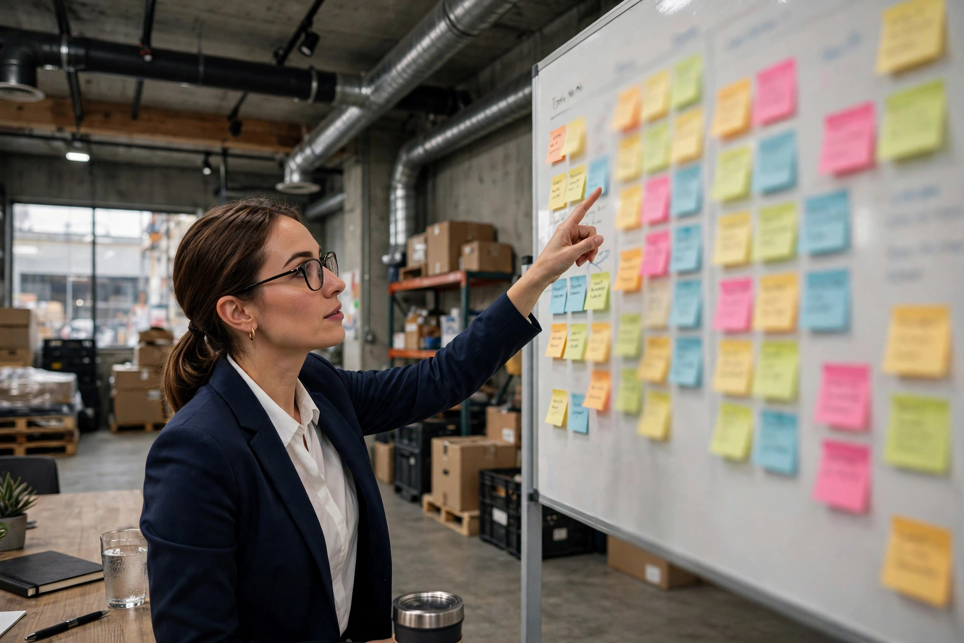 Consultant and client IT staff reviewing the integration timeline on a whiteboard
