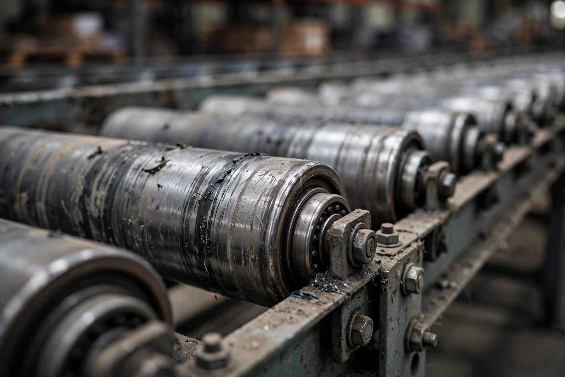 Worn conveyor belt rollers close-up