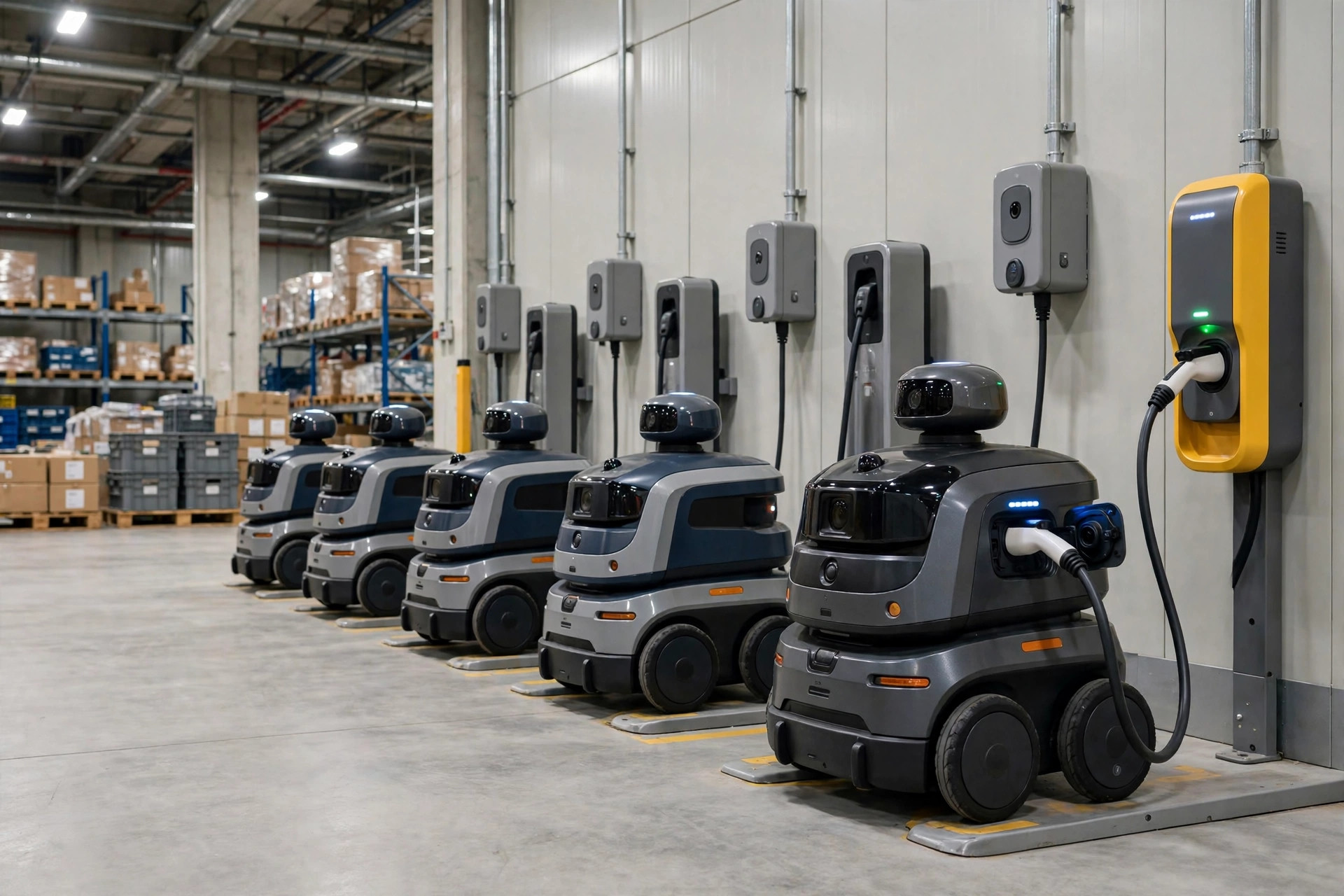 AMRs charging at docking stations along a warehouse wall