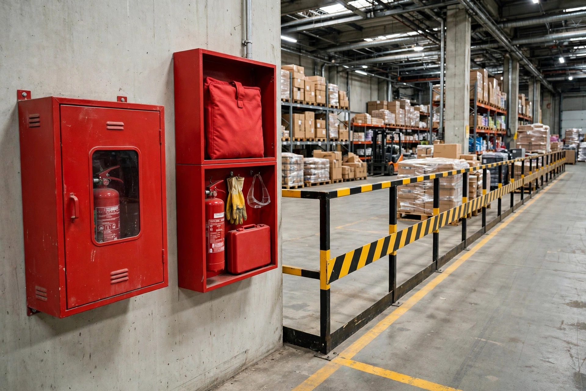 Wall-mounted fire extinguisher beside a warehouse racking aisle