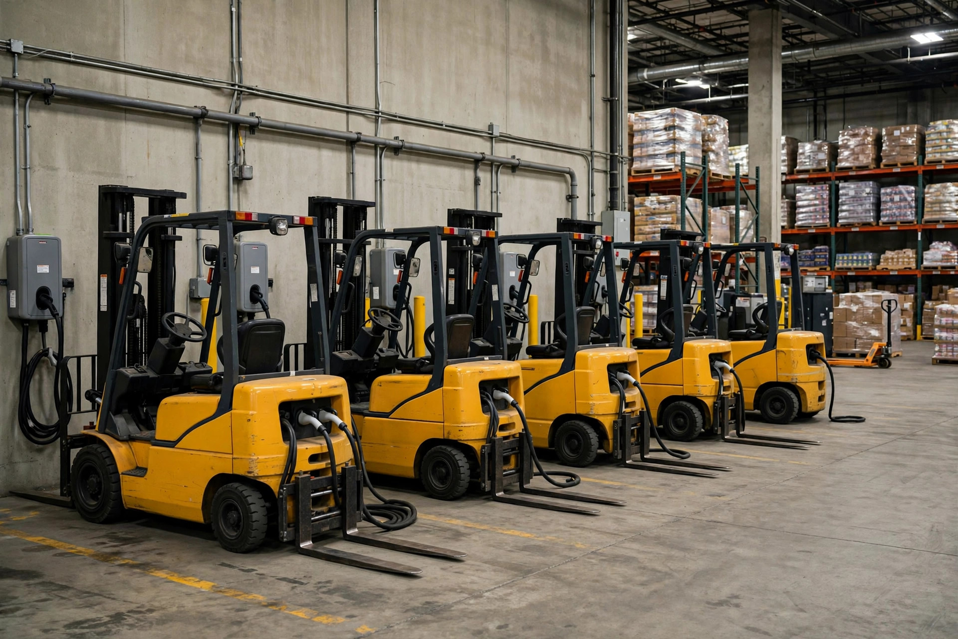 Forklift fleet parked at the charging area