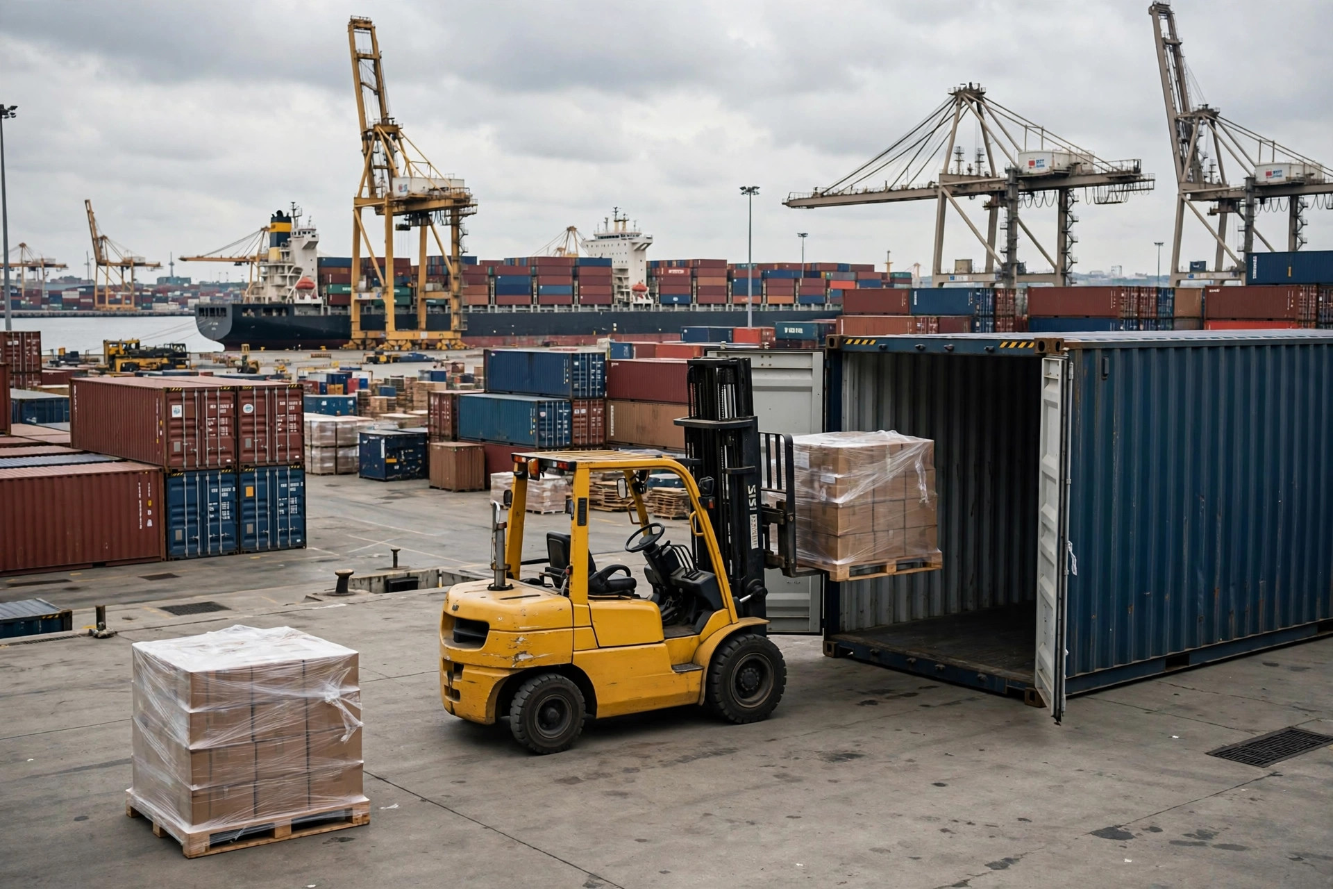 Forklift loading pallets into a 40ft shipping container