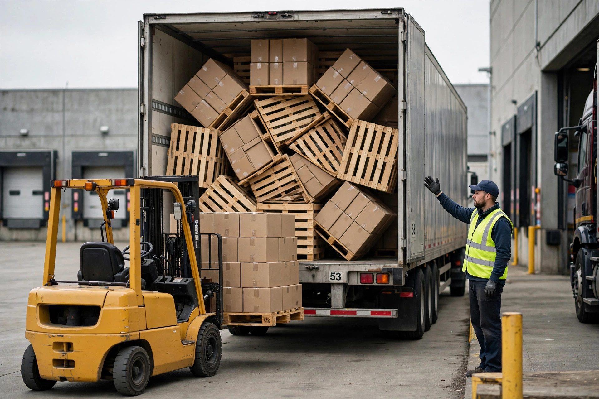 Forklift loading pallets into a 53ft trailer in a pinwheel pattern