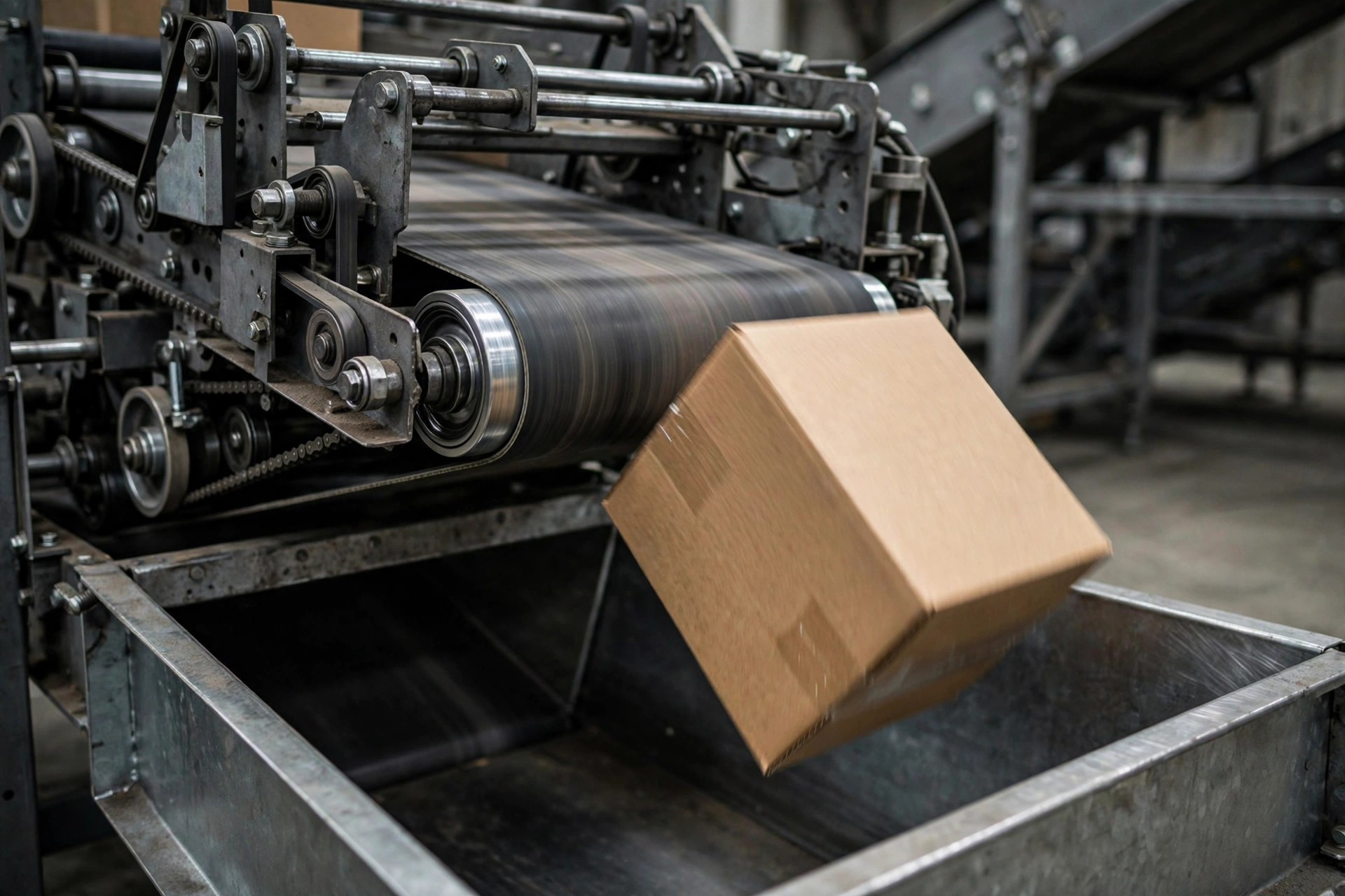Close-up of sorter diverting parcels into chutes