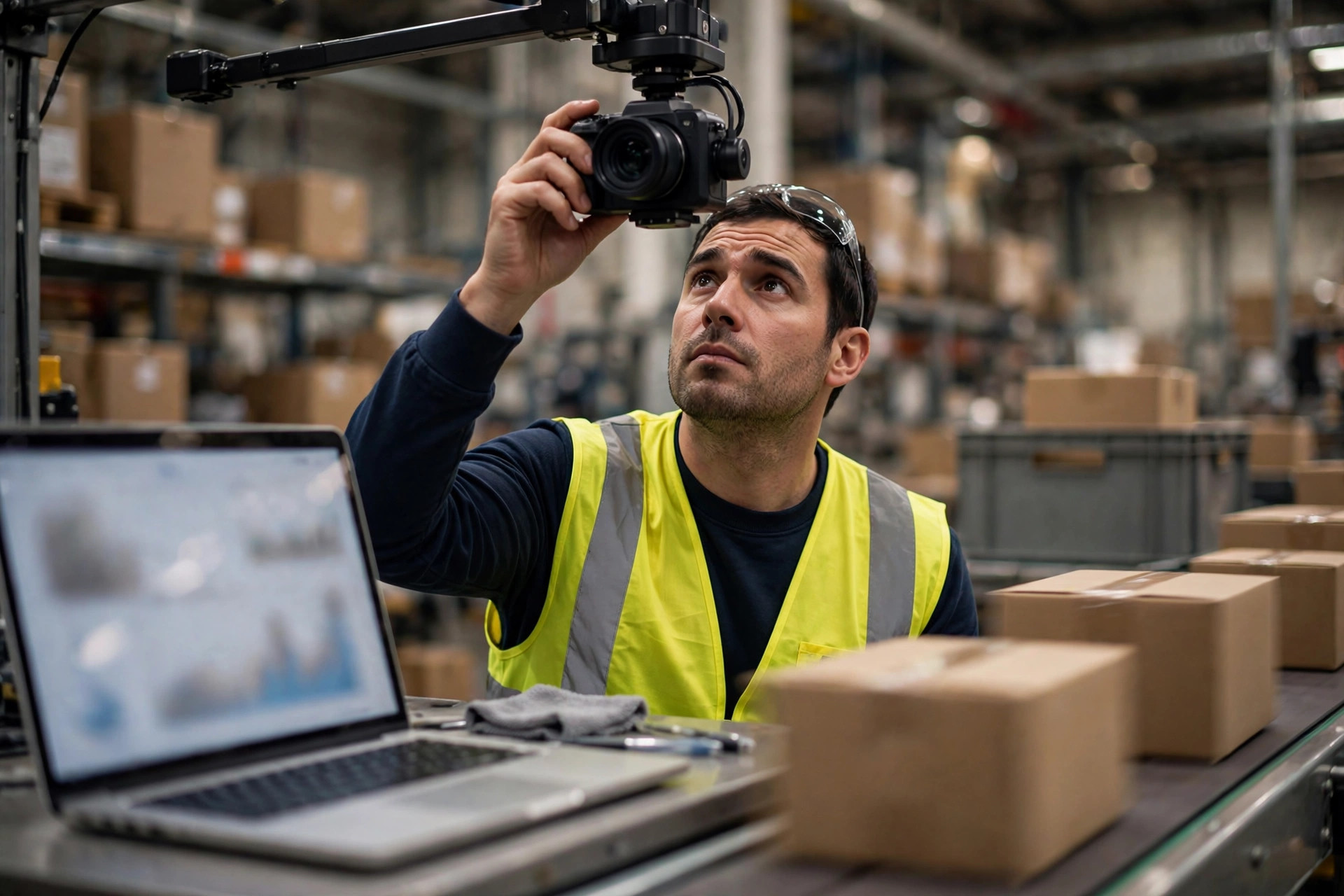 Engineer adjusting an AI camera above a pick station