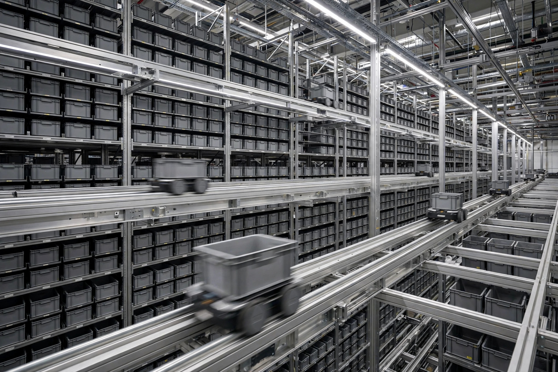 Shuttle robots carrying totes on rails in a high-density automated warehouse