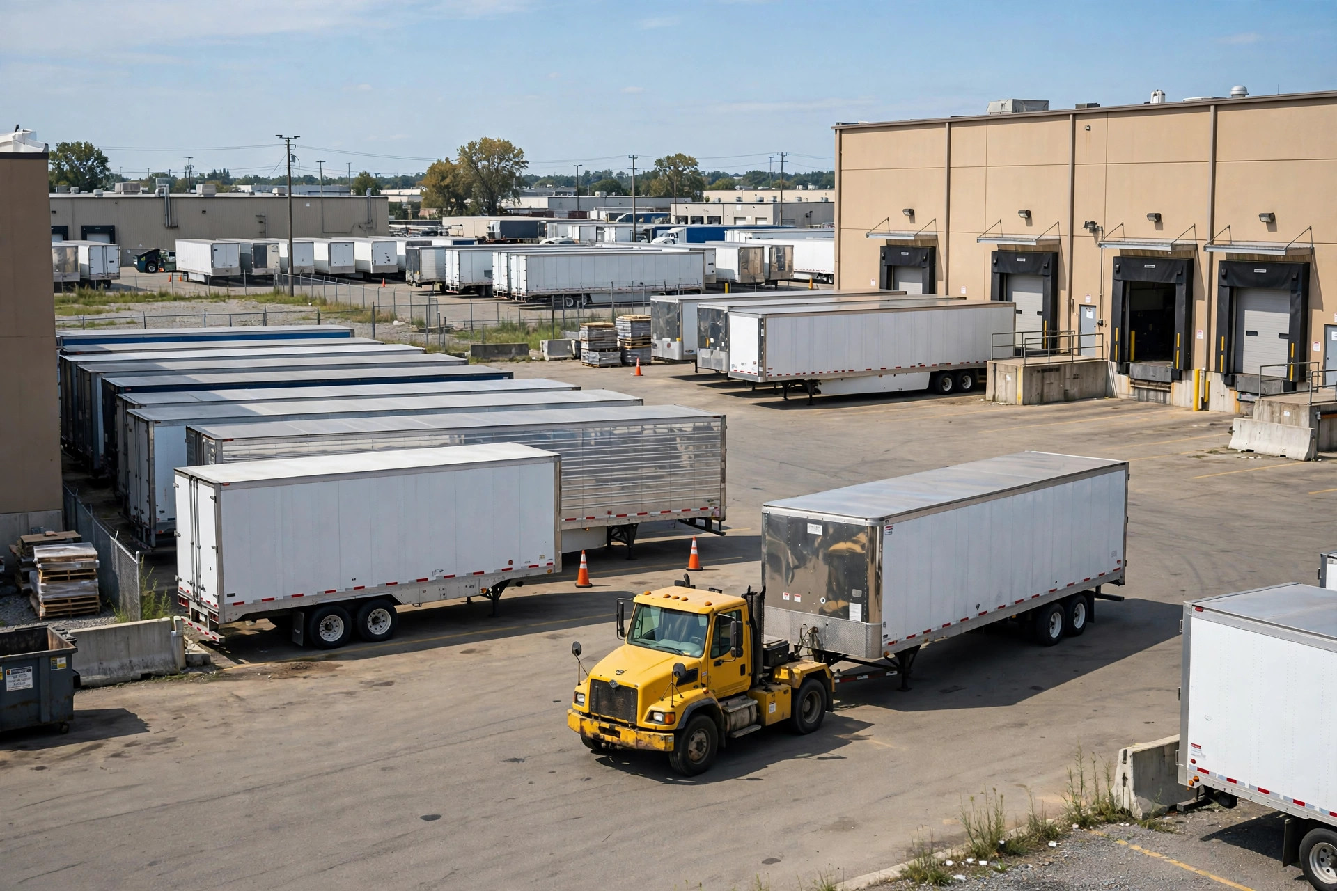 Parked trailers and a yard truck moving a trailer in a warehouse yard