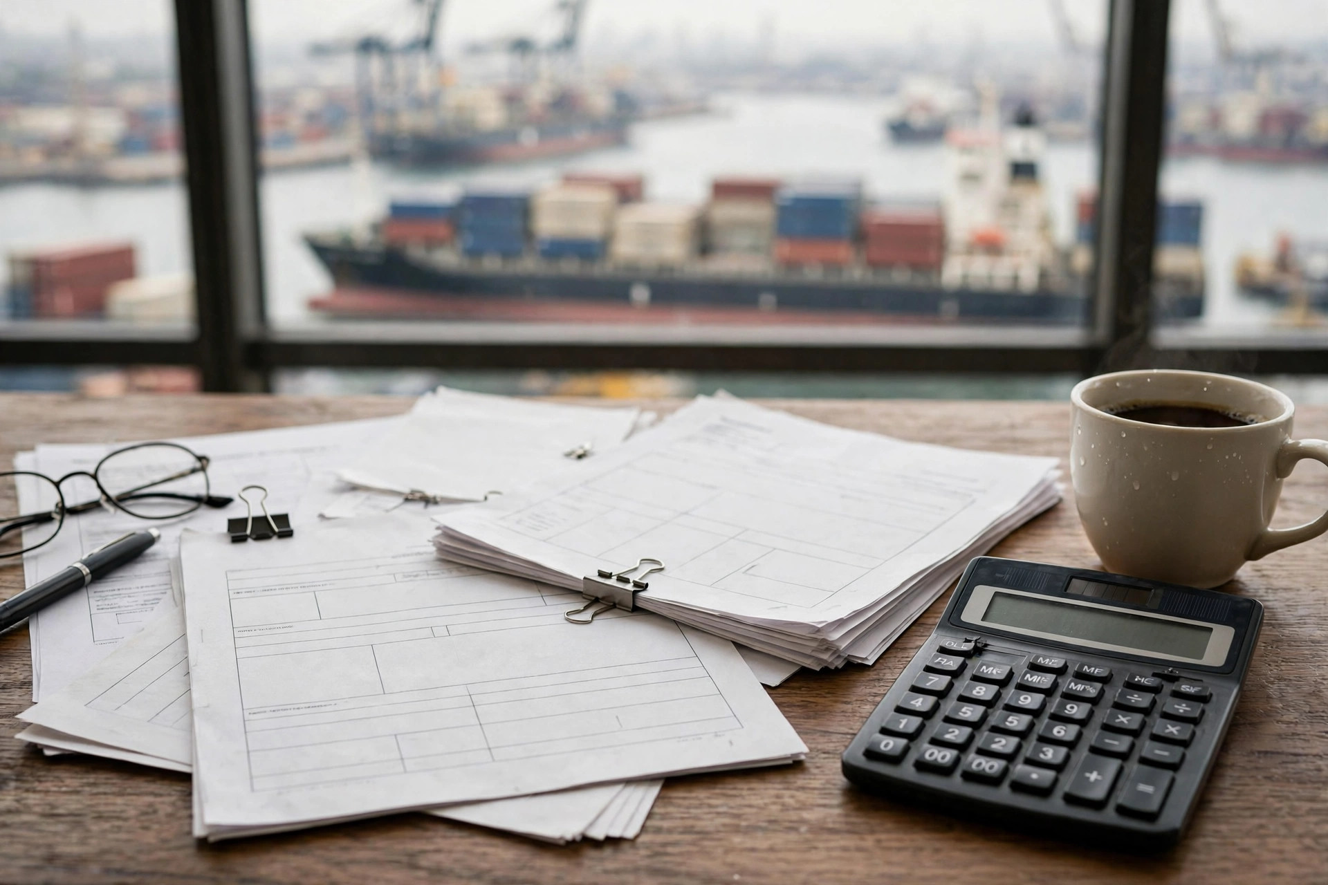 Customs broker desk with import entry documents, calculator and coffee
