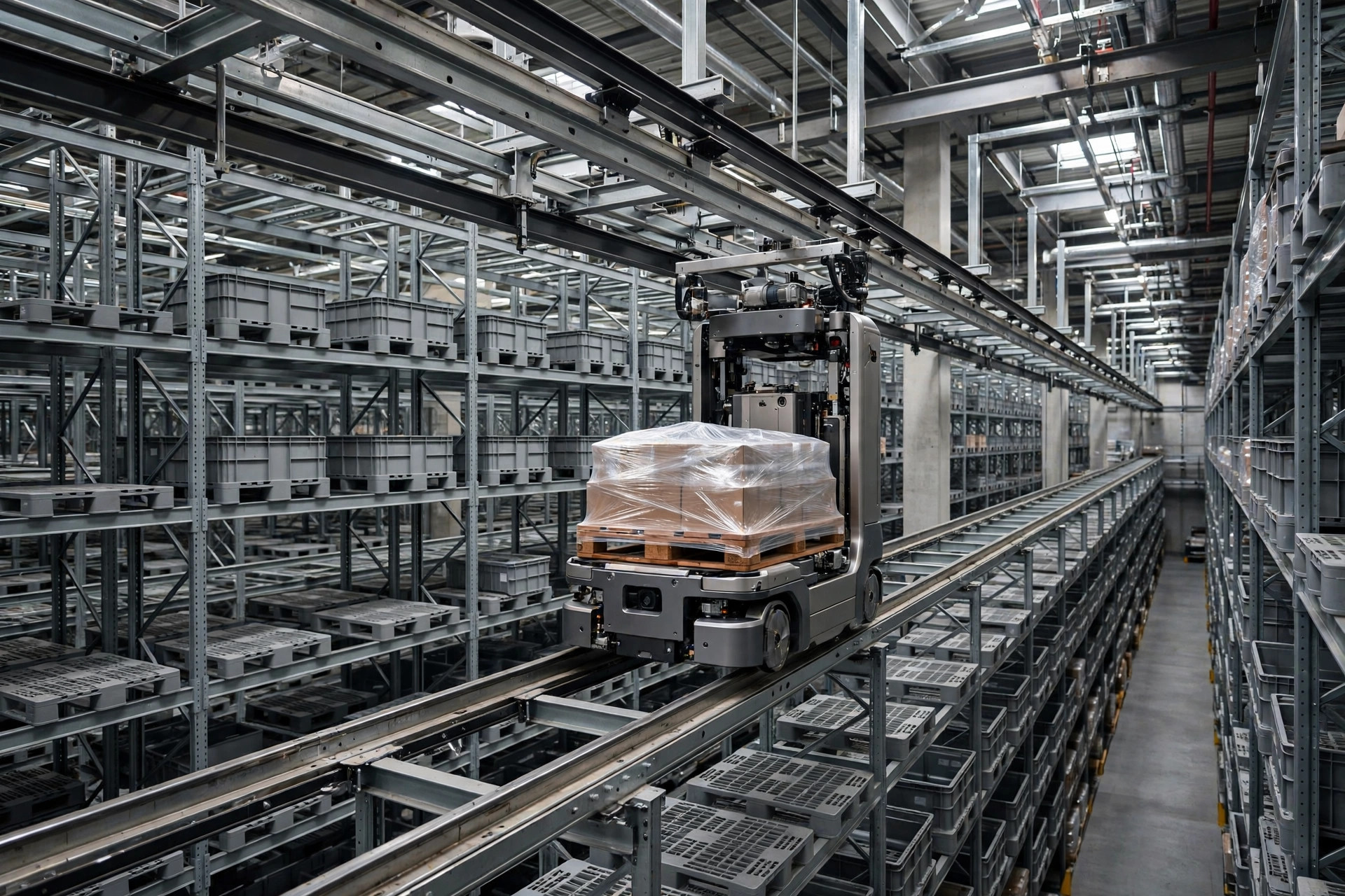 Shuttle vehicle running on rail tracks in a high-bay warehouse