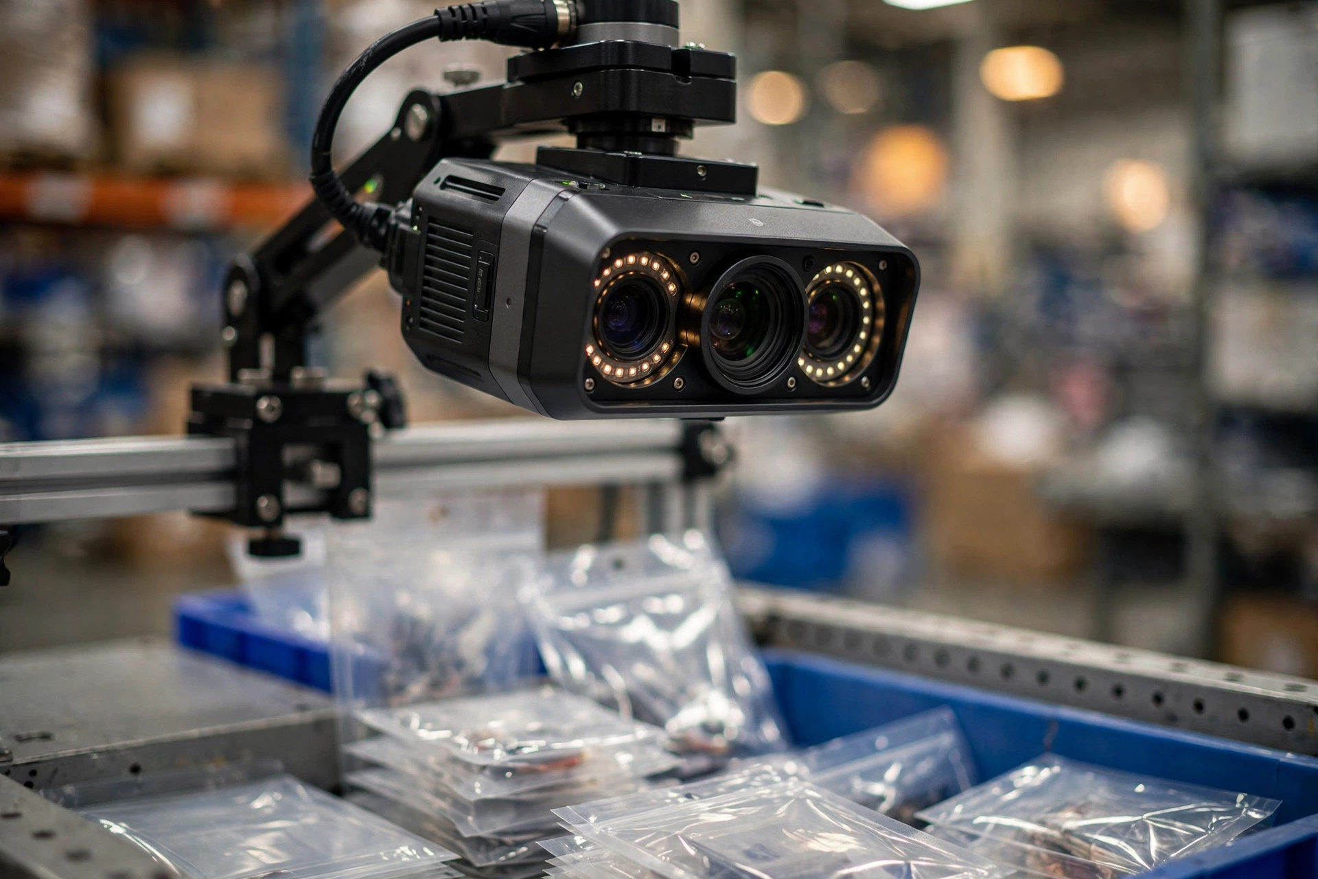 Close-up of a 3D vision camera scanning transparent packages