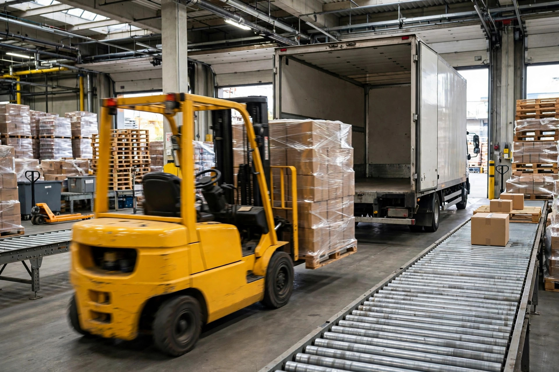 Forklift moving a stretch-wrapped pallet of boxed freight across an LTL terminal dock