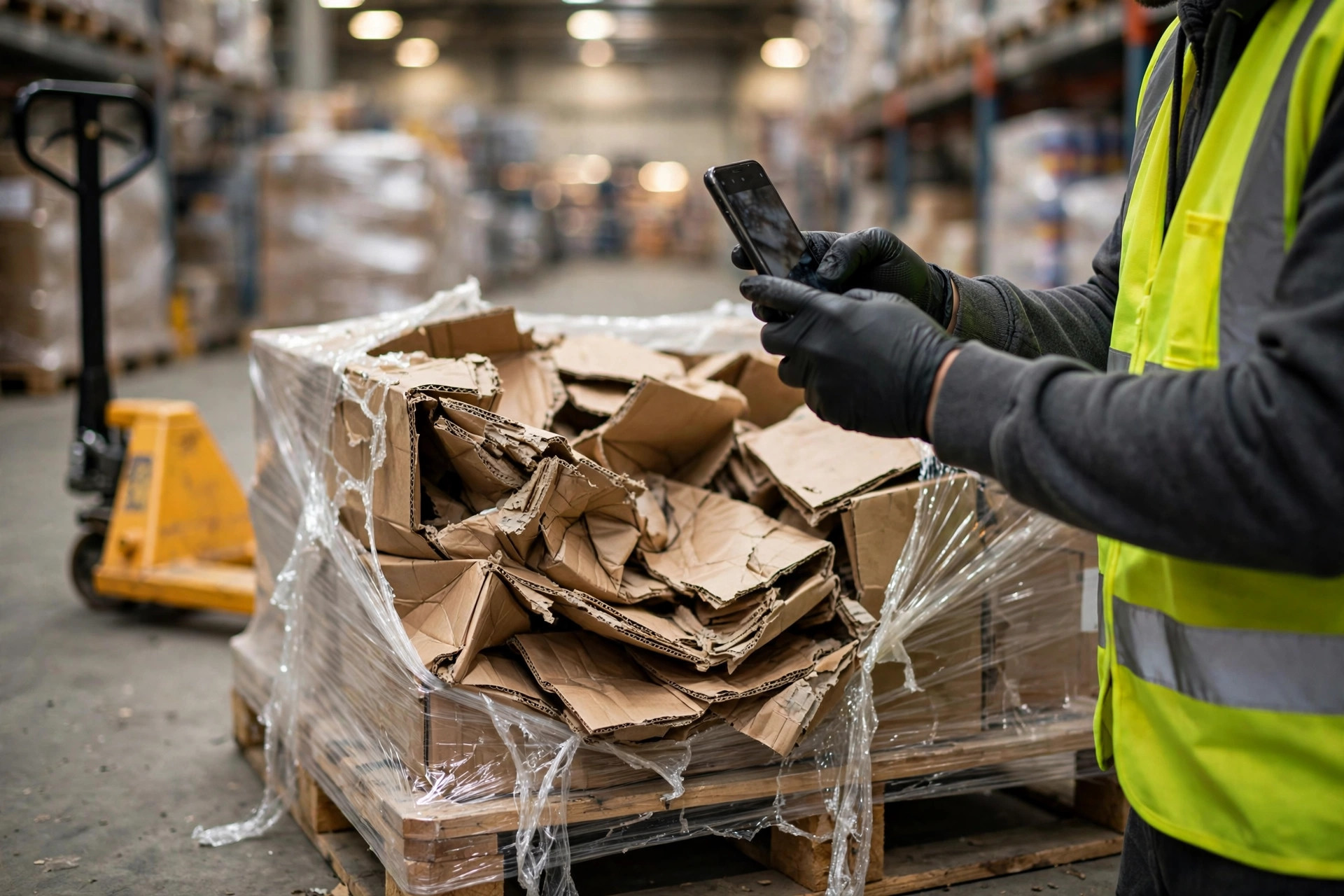 Warehouse worker photographing a damaged pallet with a smartphone for claim evidence