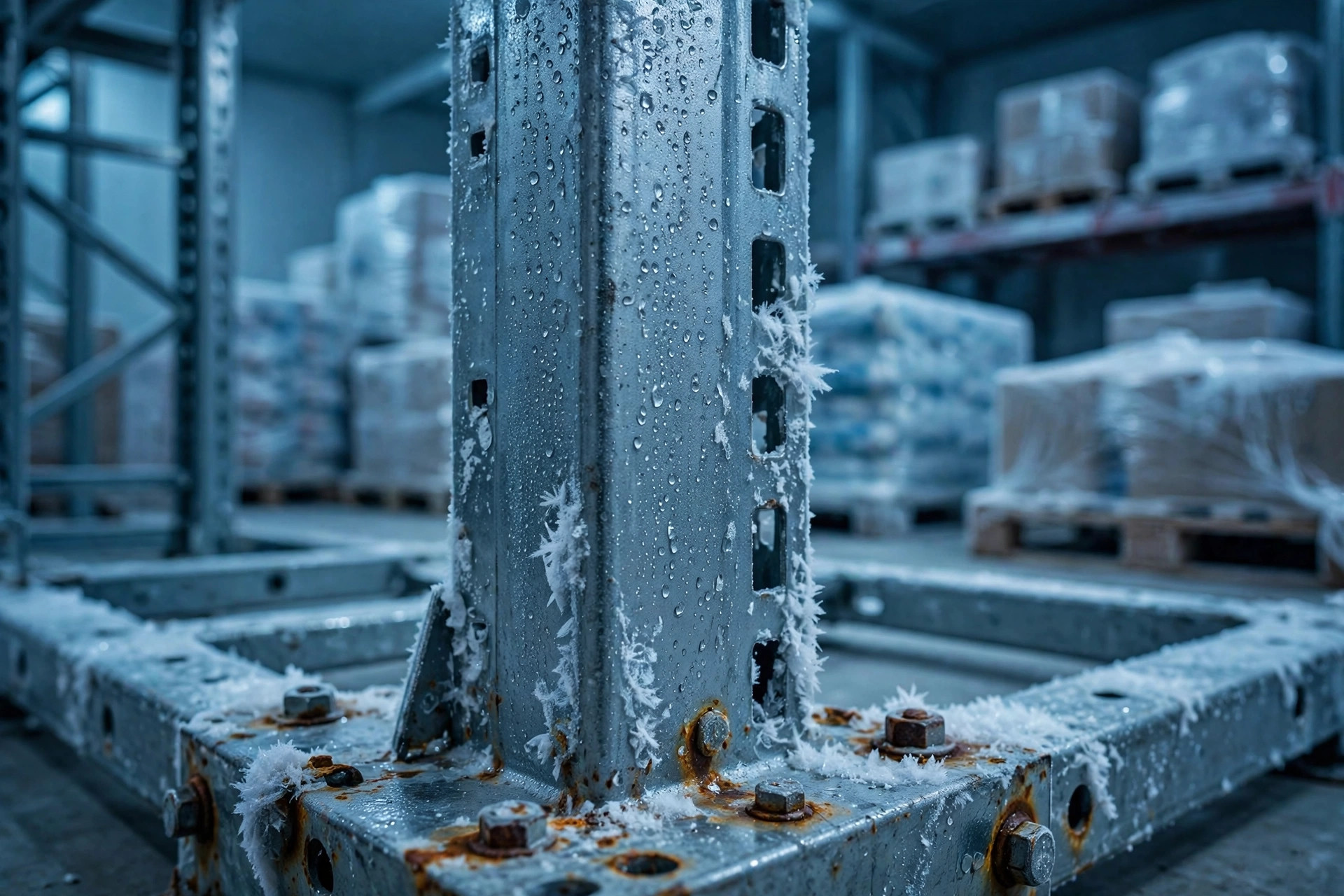 Close-up of condensation droplets and early rust on a pallet racking upright base in a cold storage freezer
