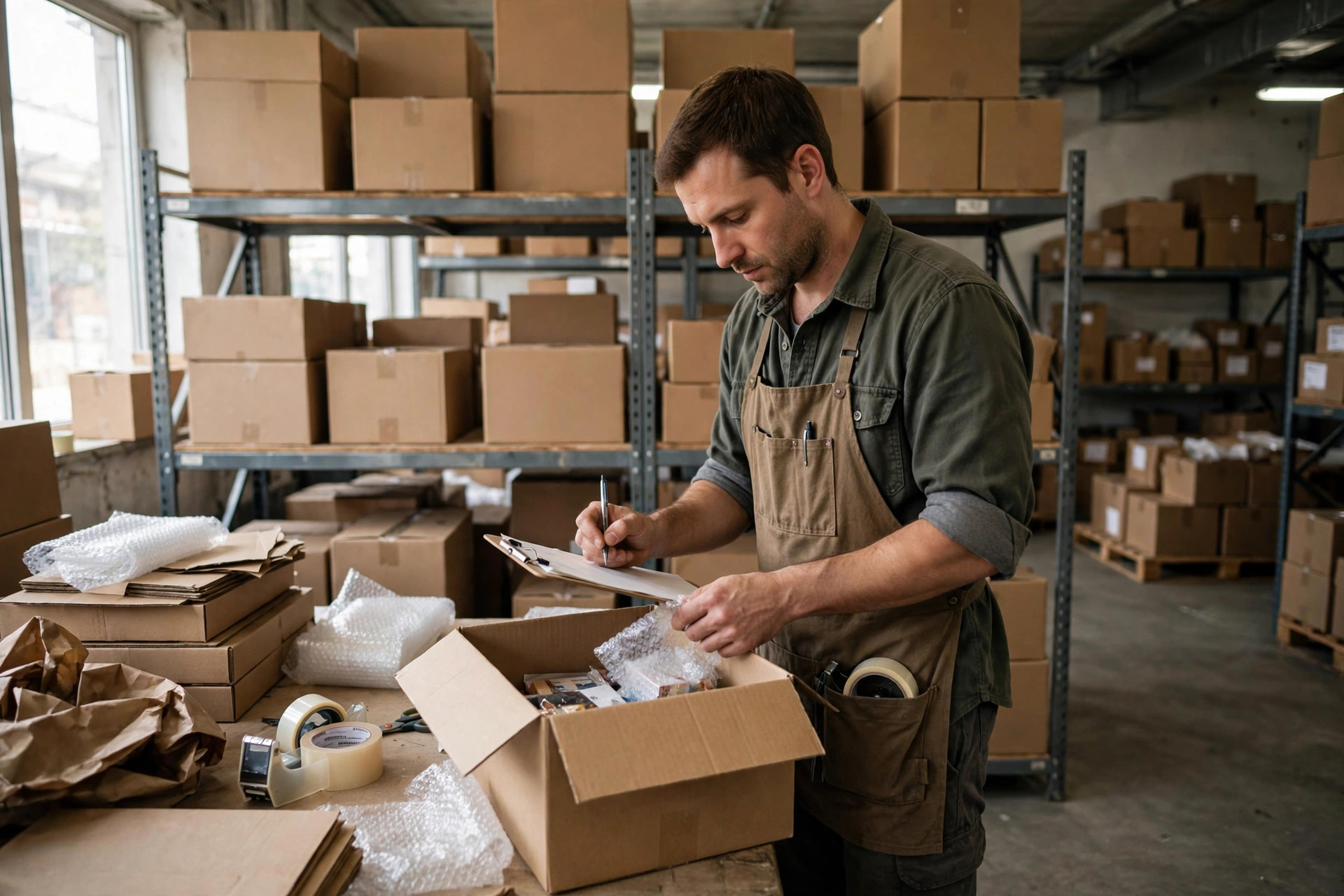 Small warehouse owner counting inventory and packing boxes