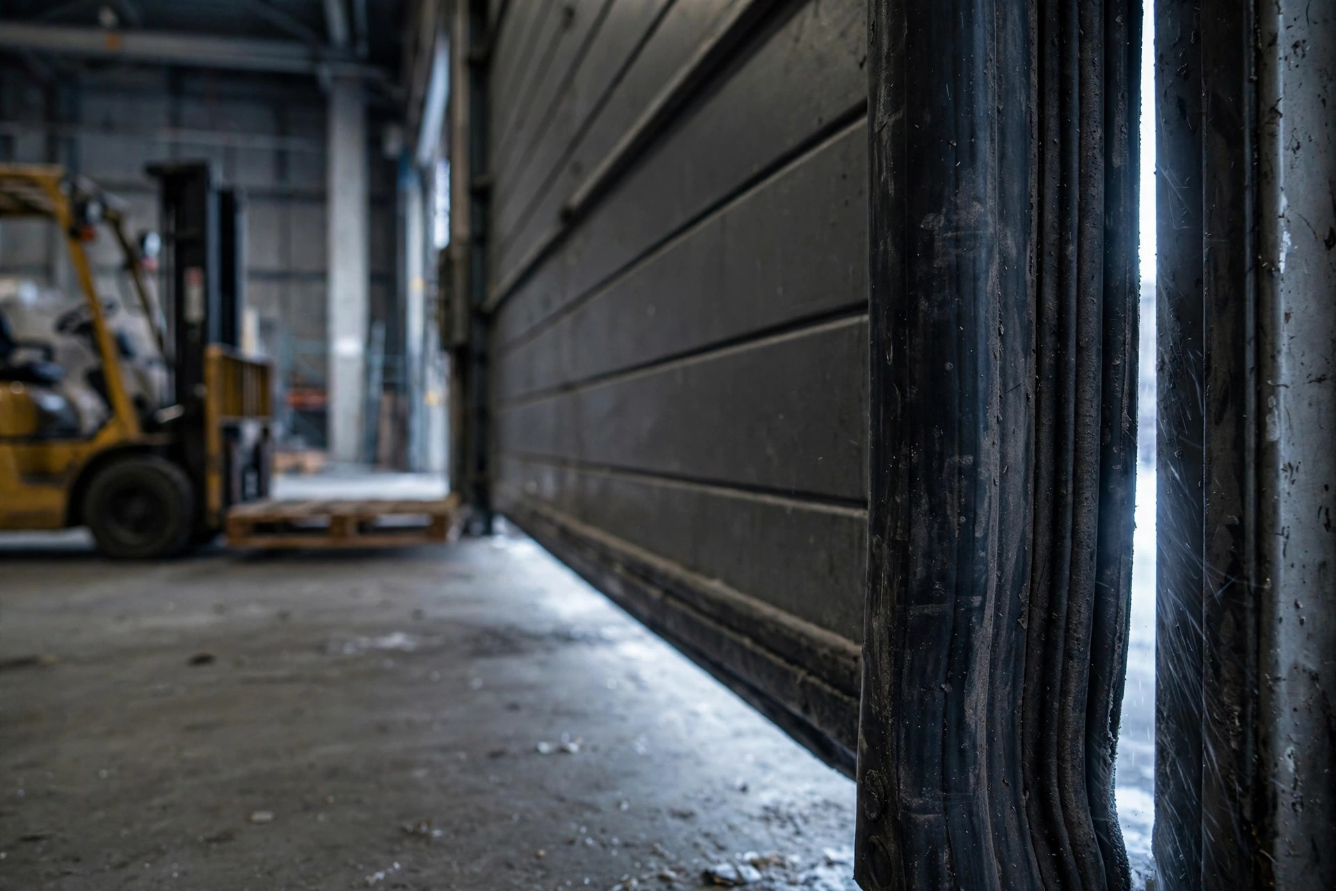 Close-up of a warehouse dock door weather seal in winter