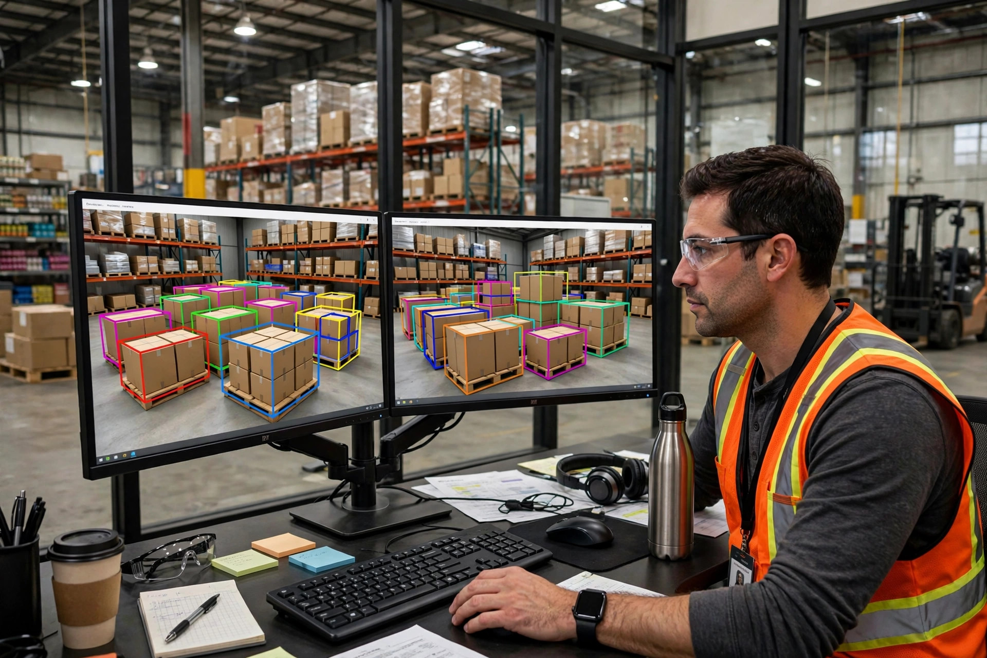 An engineer reviewing 3D-rendered warehouse scenes with colored bounding boxes on dual monitors