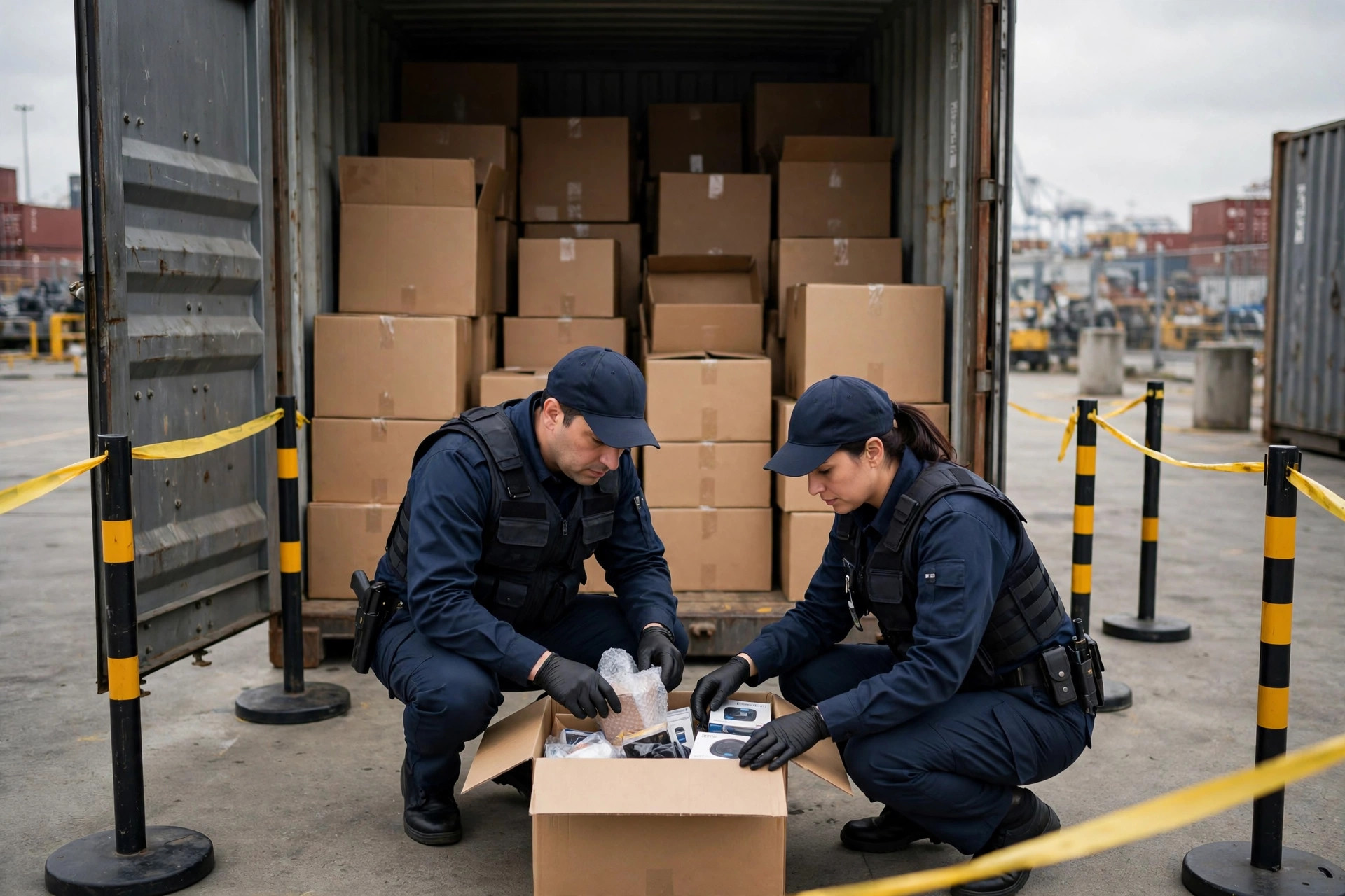 CBP officers opening and inspecting cartons inside a shipping container during a customs exam