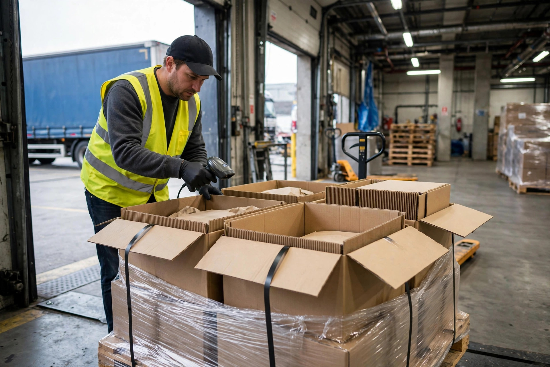 Trabajador de almacén escaneando cajas de cartón en un muelle de recepción de EE. UU.