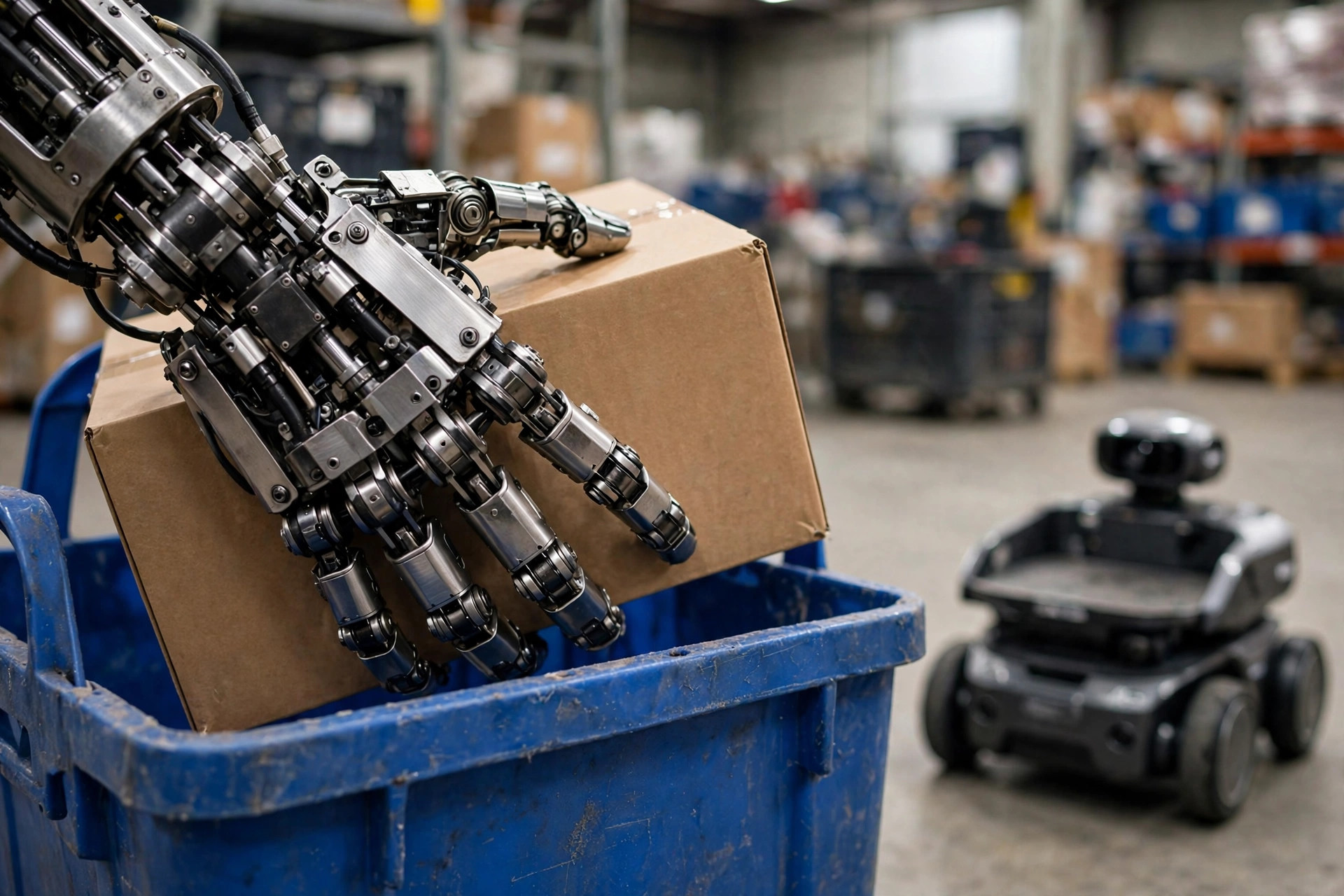 高層倉庫の通路で段ボールをピッキングするヒューマノイドロボット