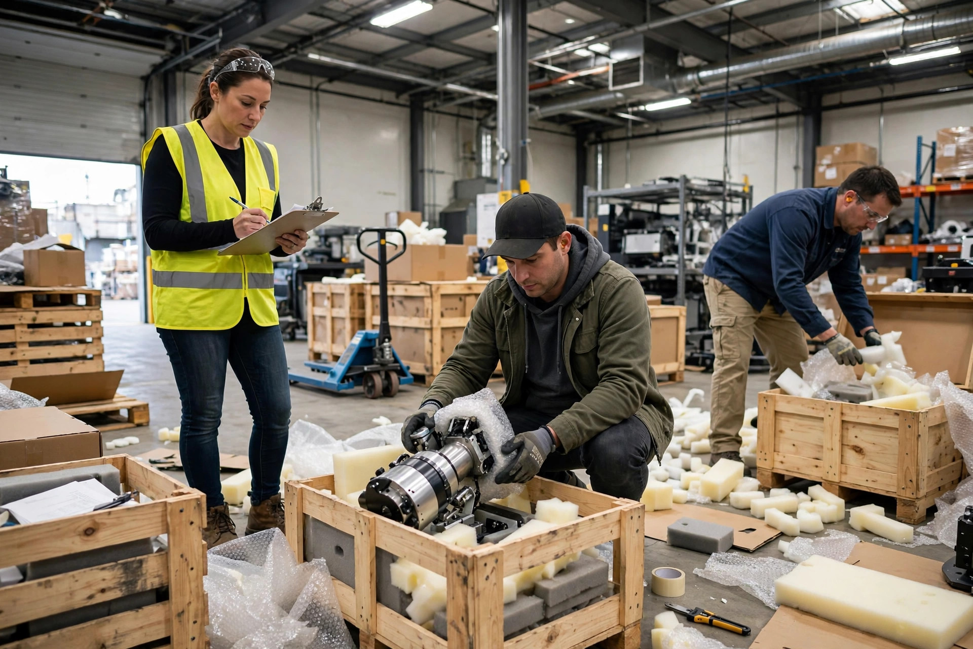 Workers unboxing automation equipment and checking items against a checklist in a warehouse receiving area
