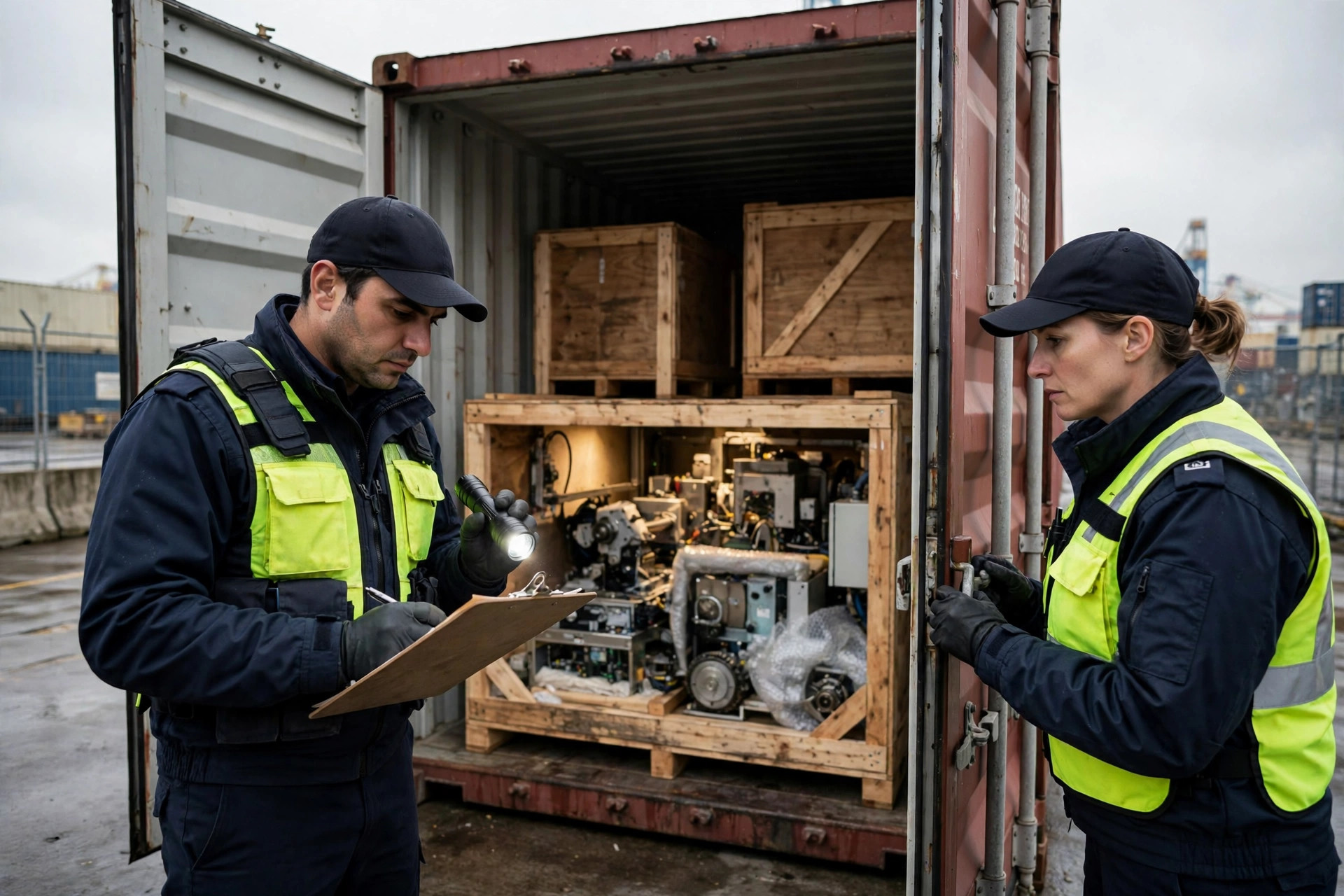 Customs officers inspecting an opened container with crated equipment