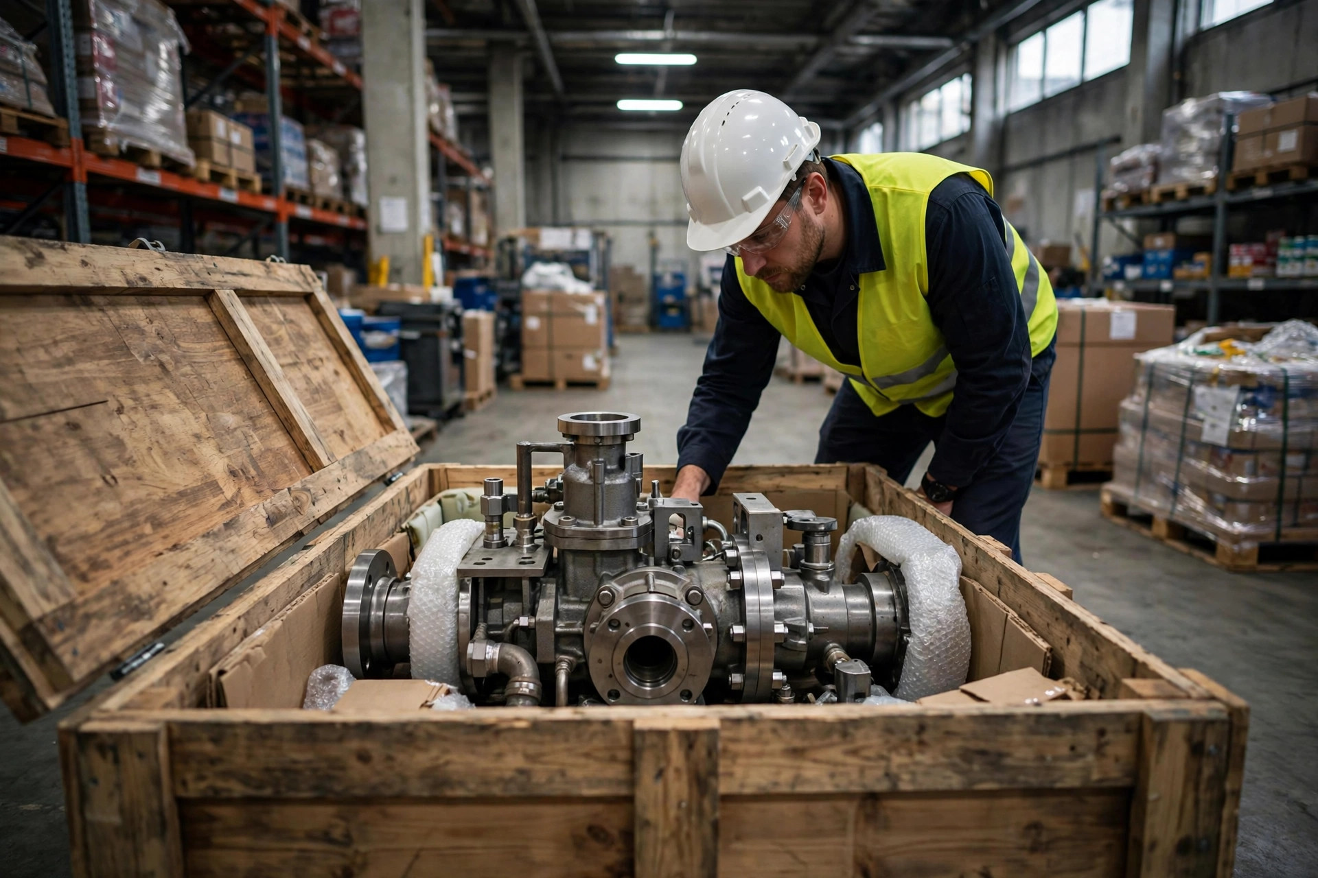Engineer inspecting equipment after uncrating
