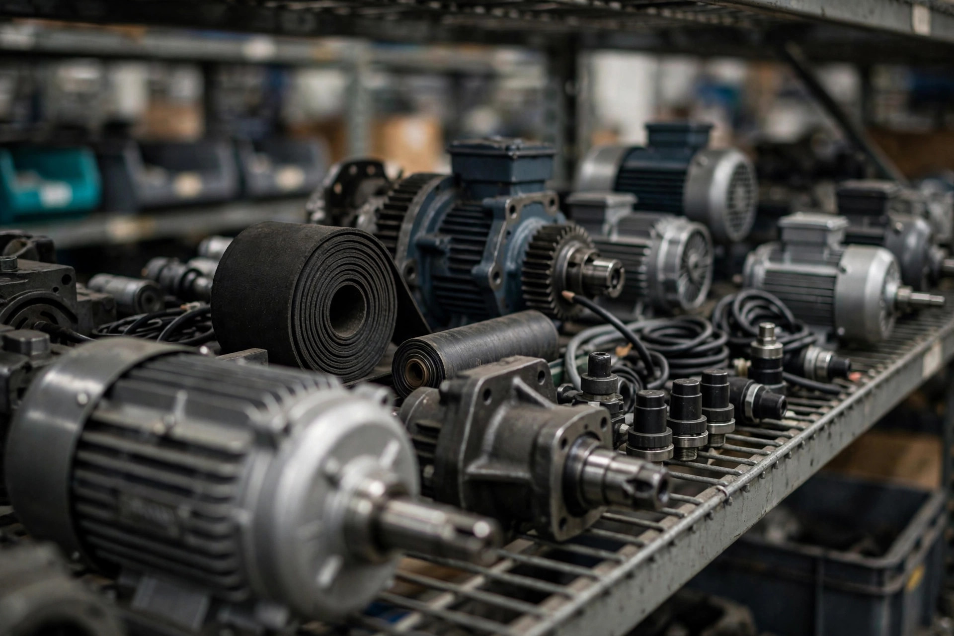 Close-up of spare parts shelving with motors, belts and sensors