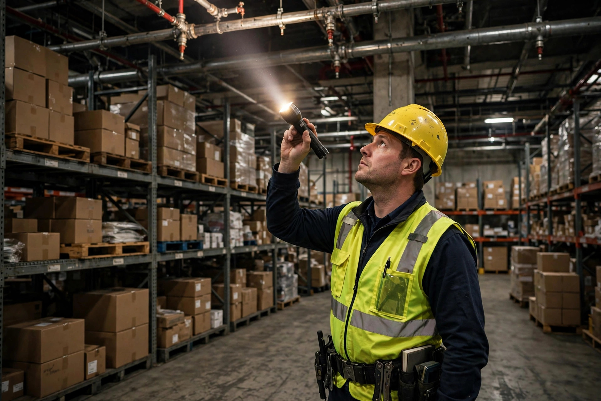 In-rack sprinkler piping installed inside high-bay warehouse racking
