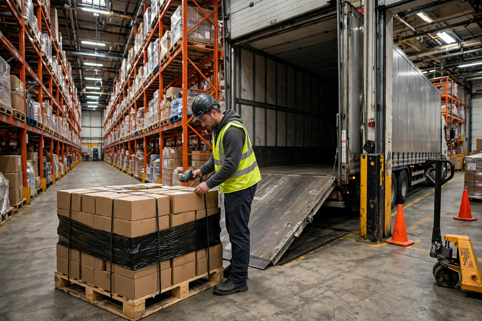 Pallets preparados en una zona de transferencia del almacén a la espera de envío