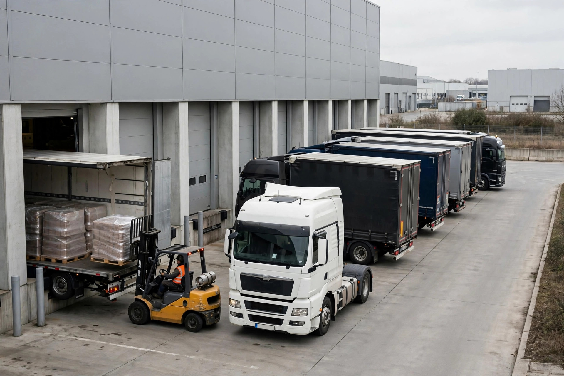 Trucks queued at a warehouse receiving area waiting to unload