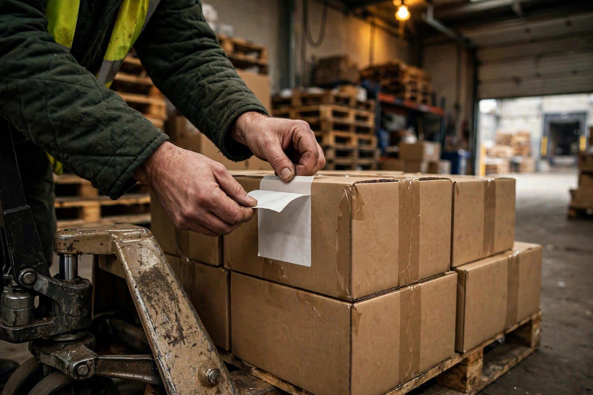 Receiving worker scanning an inbound label on a pallet at the dock