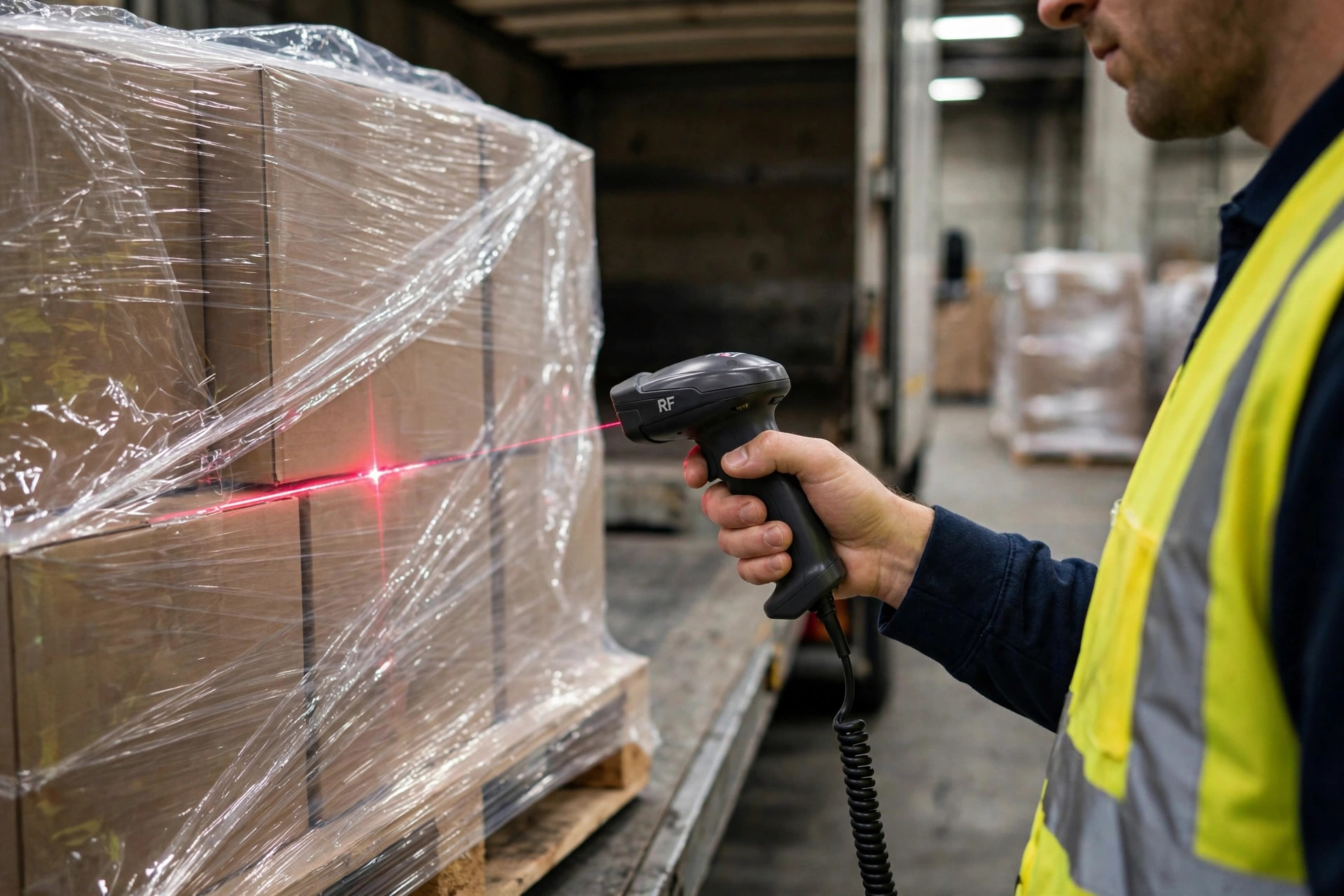 Escaneo de un pallet con pistola de RF en el muelle de recepción