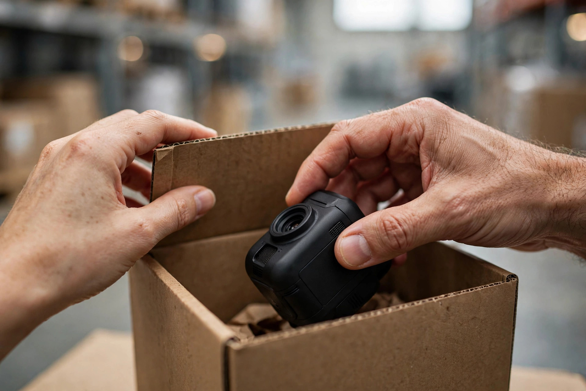 Close-up of hands opening a box to inspect product quality