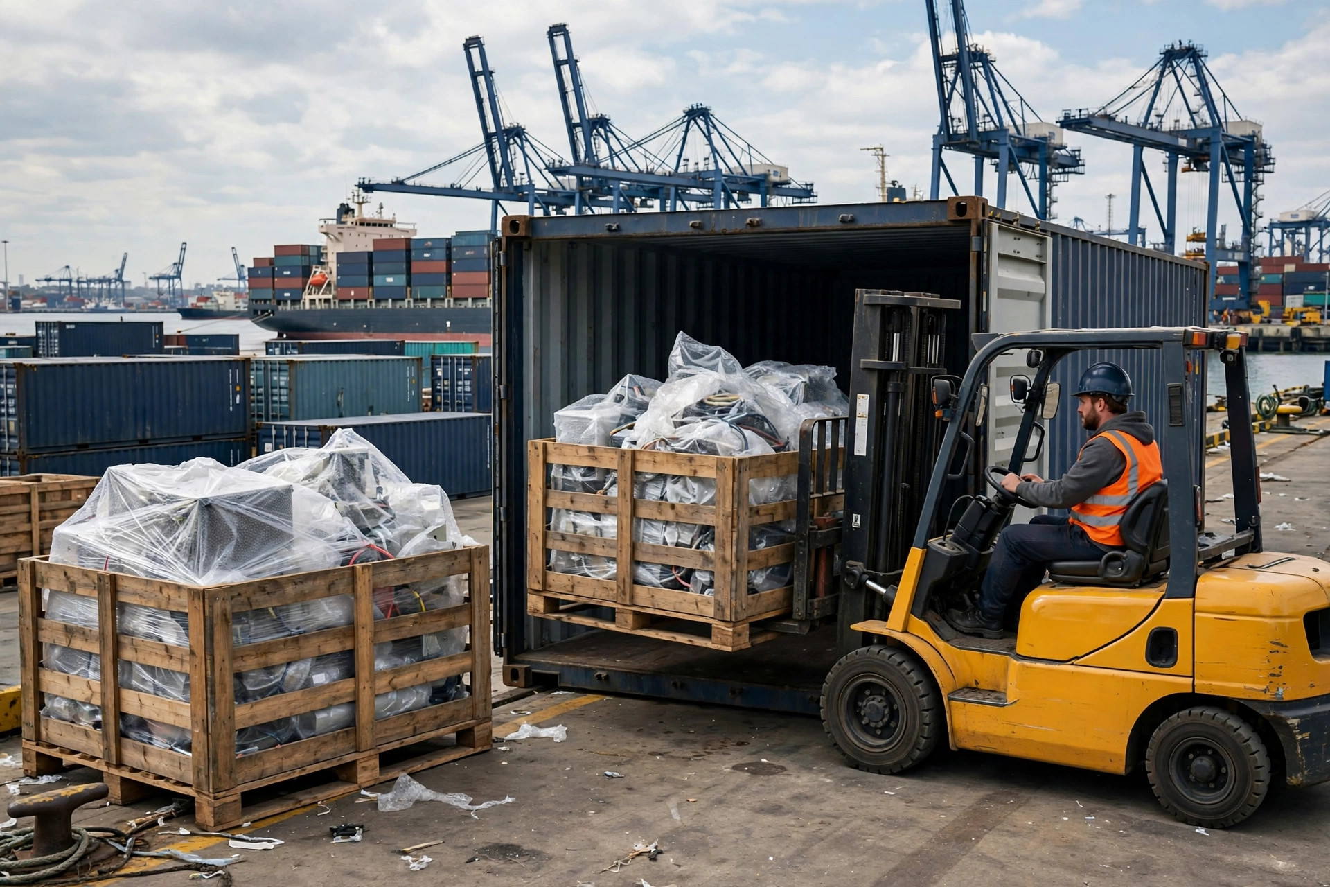 Forklift loading wooden crates of electrical equipment into a shipping container at a seaport