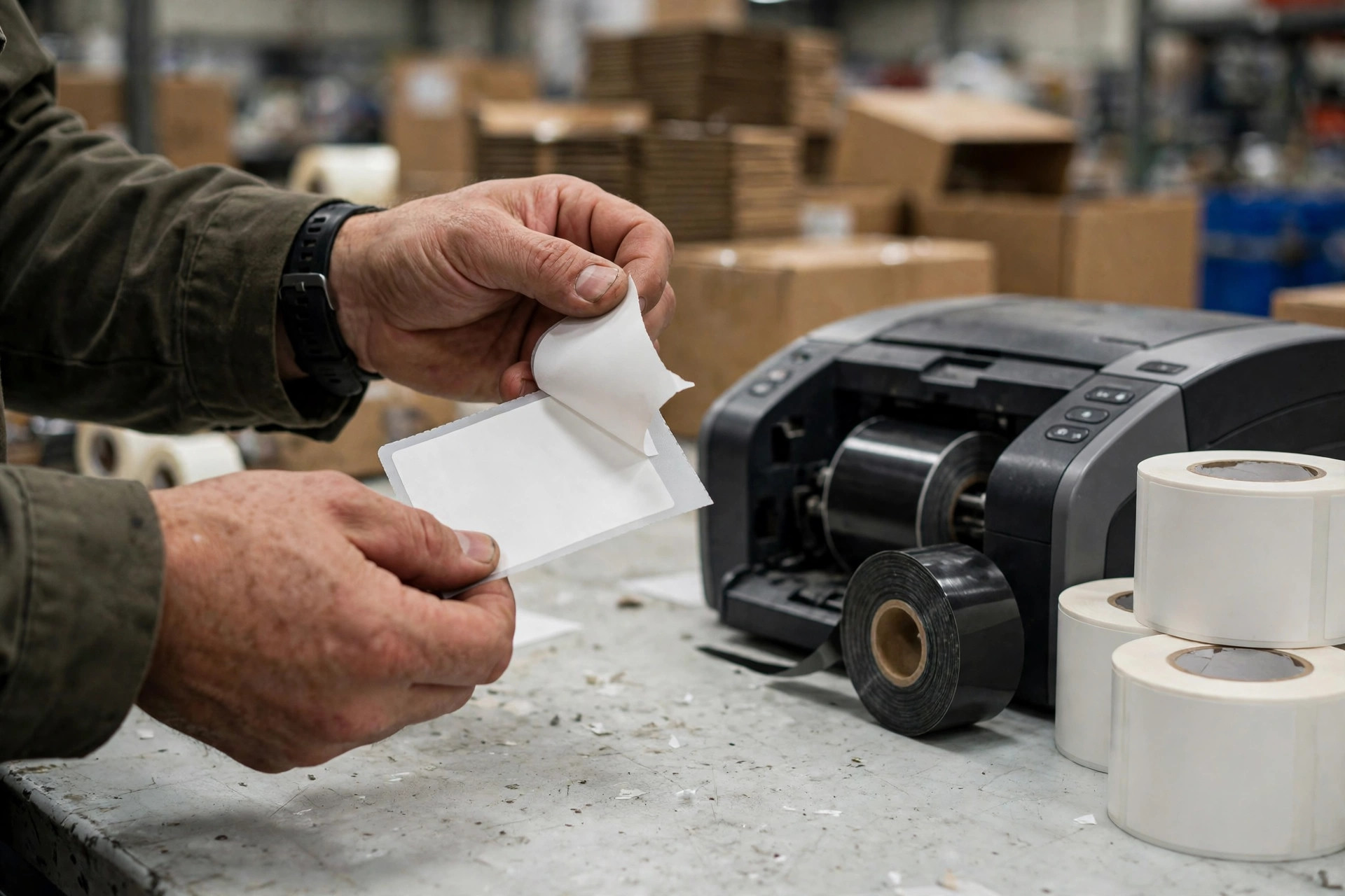 A warehouse worker peeling a freshly printed label off its backing at a packing station