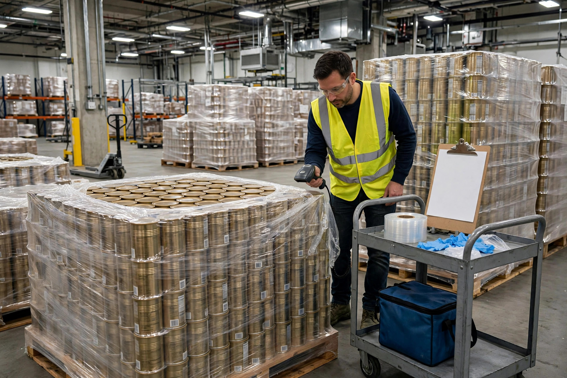 Warehouse worker scanning infant formula pallets for lot traceability and temperature log verification