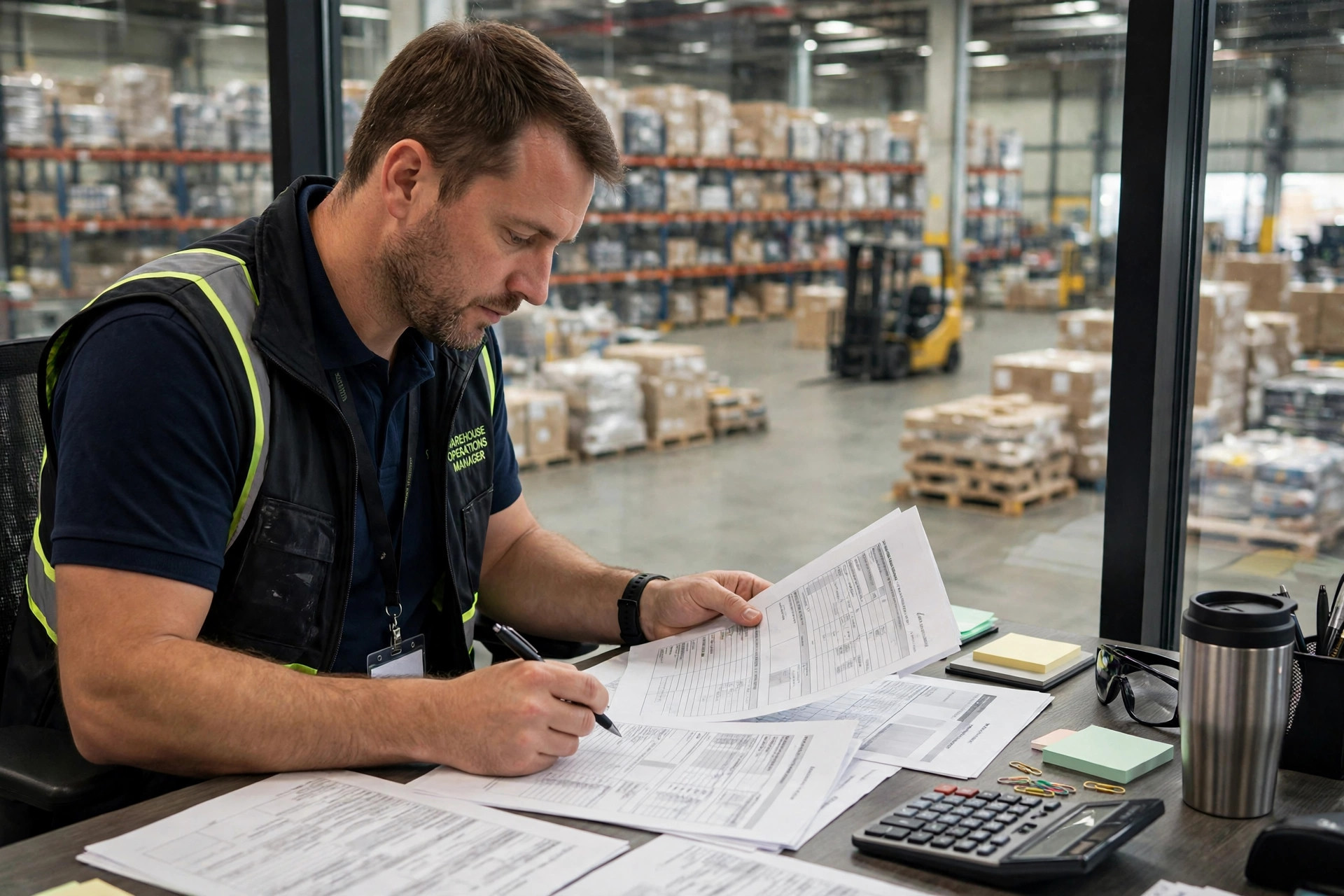 Gerente de almacén revisando documentación de costos de fulfillment