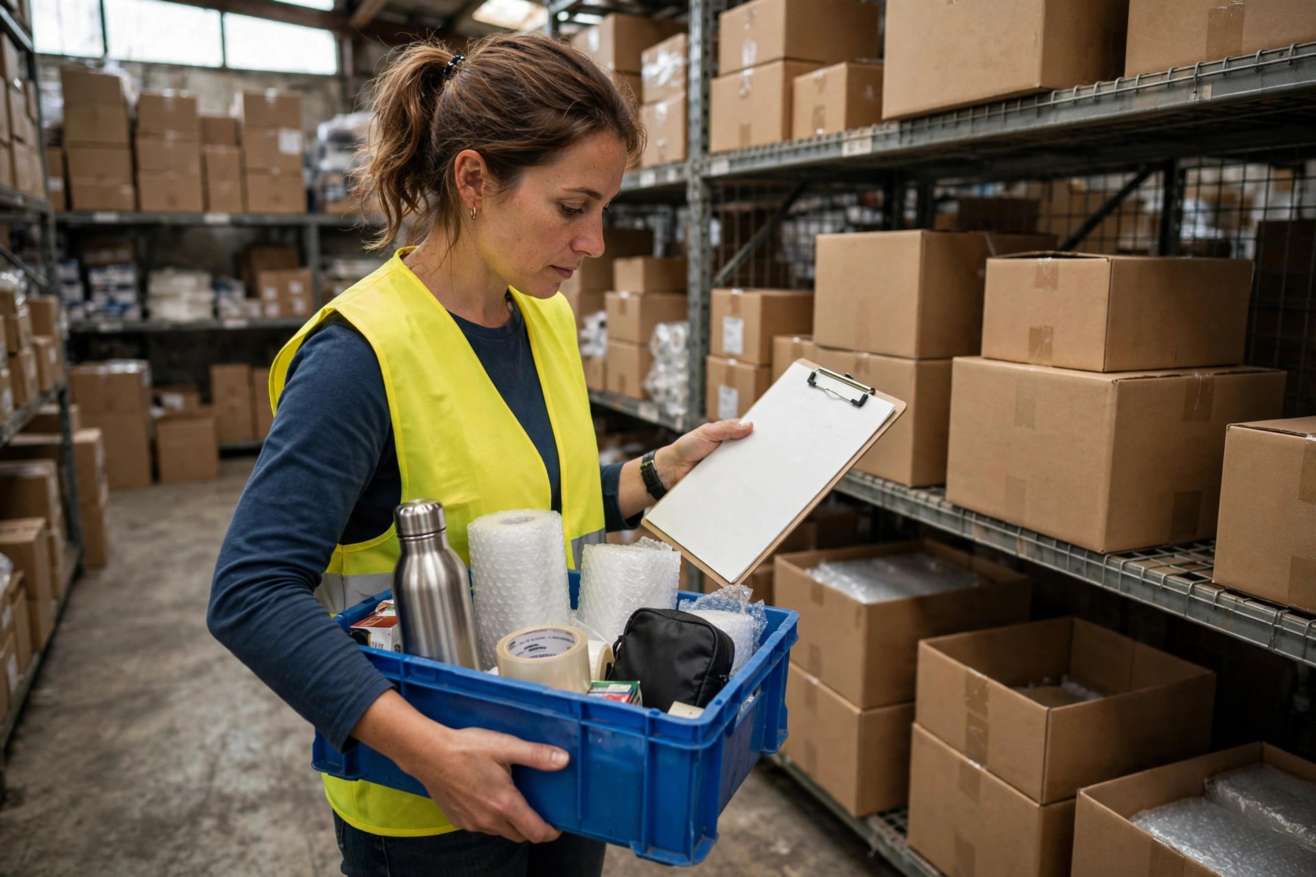 A warehouse picker holding a blue tote and checking items against a pick list in front of storage racks