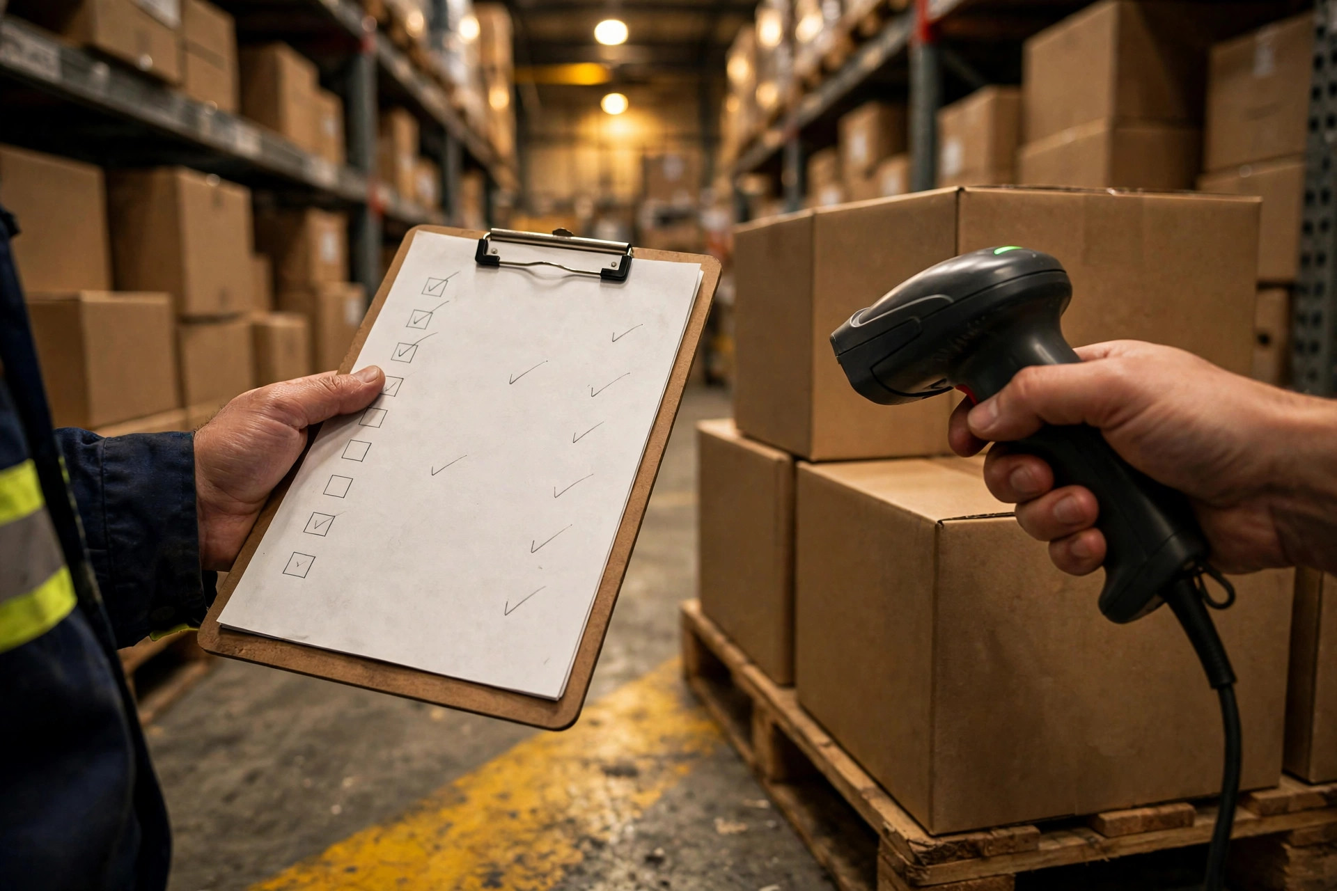 Warehouse associate performing a cycle count in front of tall racking