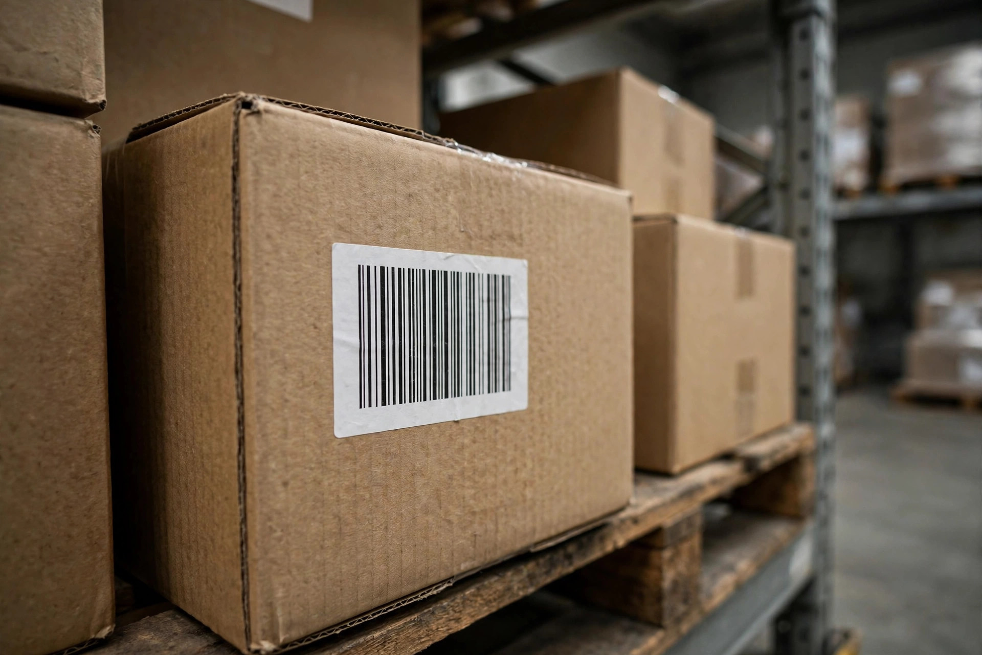 Primer plano de cajas en paleta sobre estanterías de rack con etiquetas de código de barras