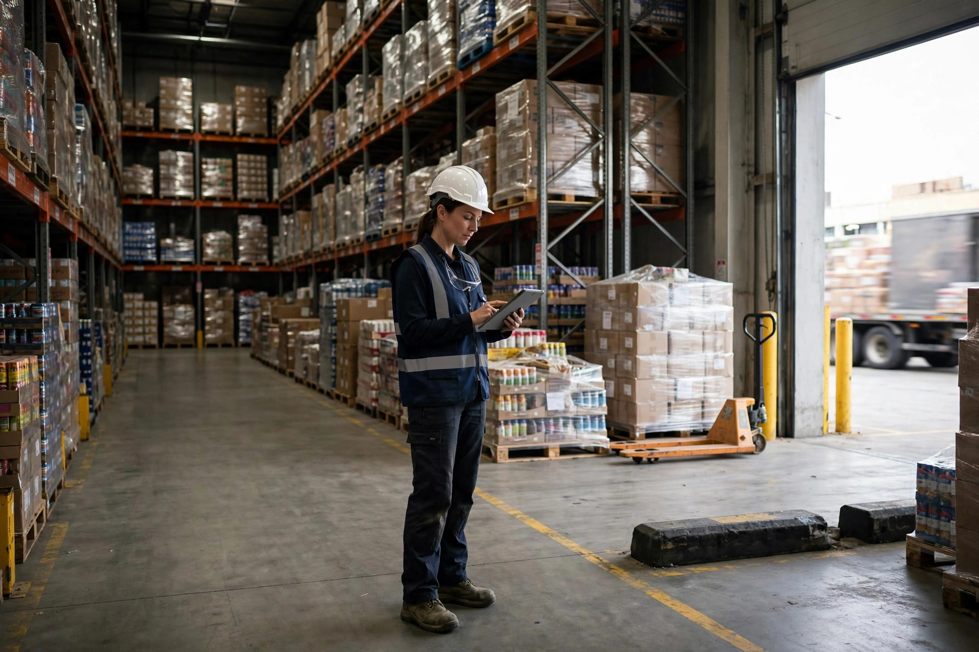Analyst reviewing inventory stratification charts with warehouse stock in background