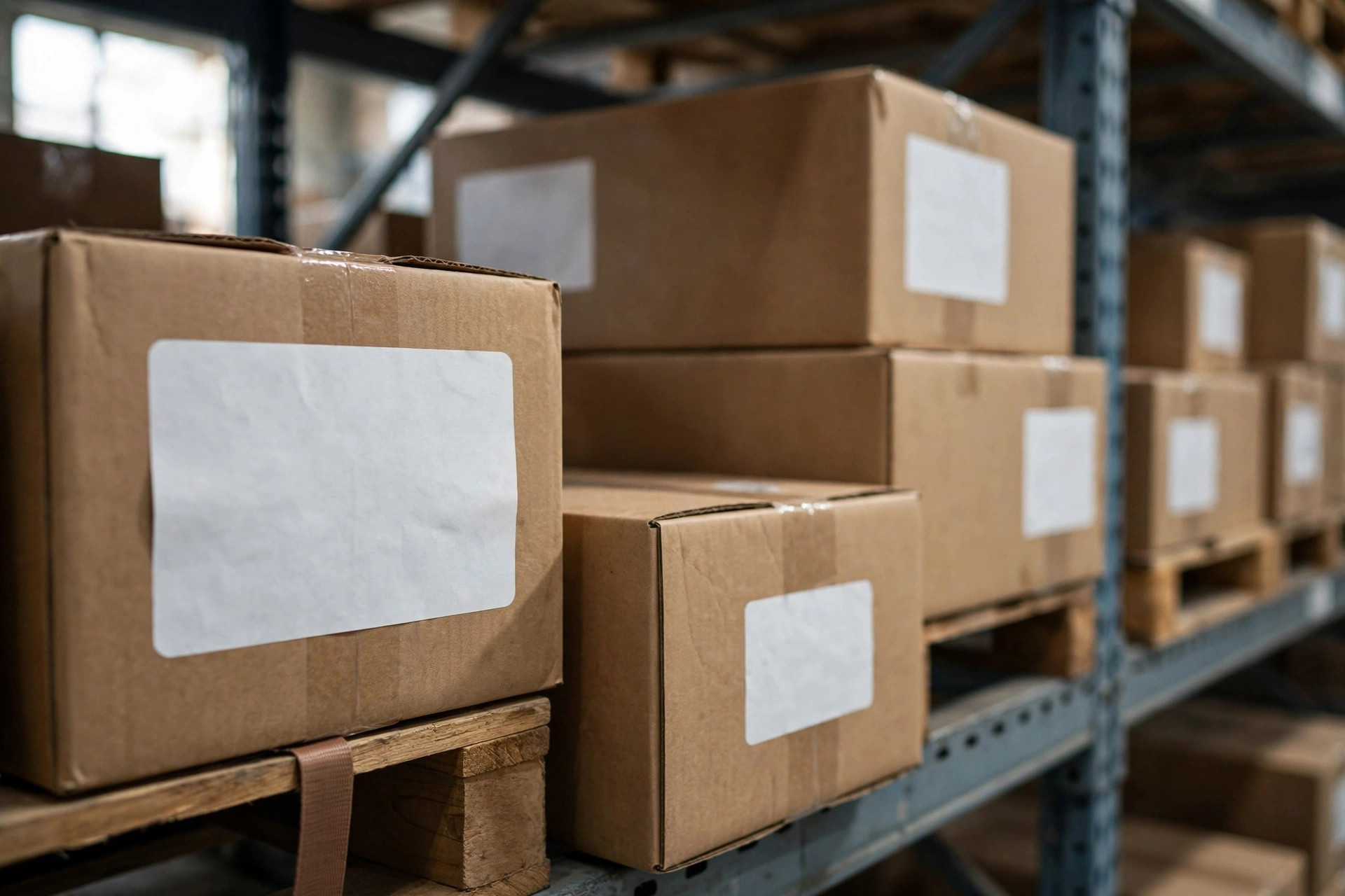 Close view of batch labels on cartons in racking