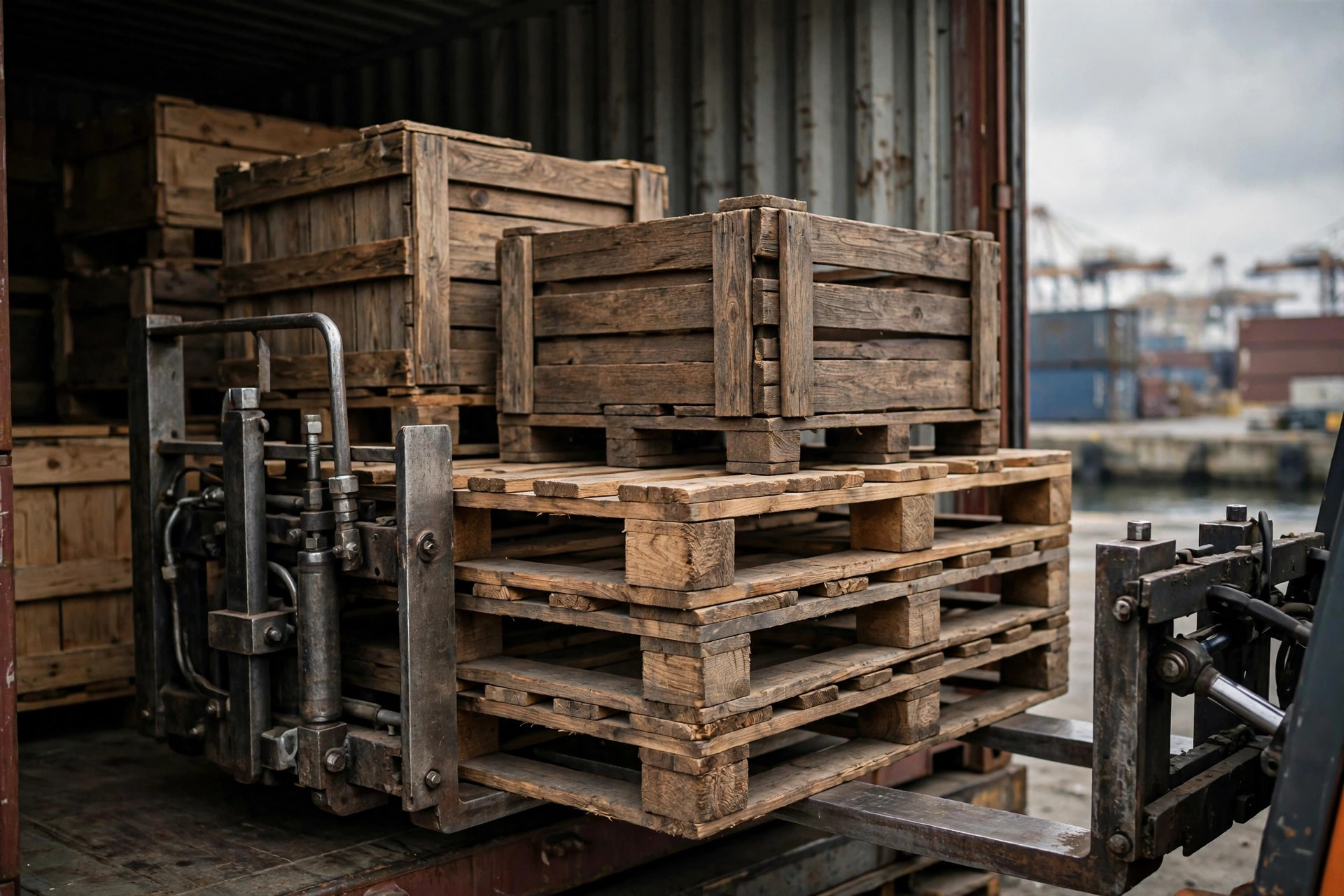 Déchargement de conteneur avec caisses en bois