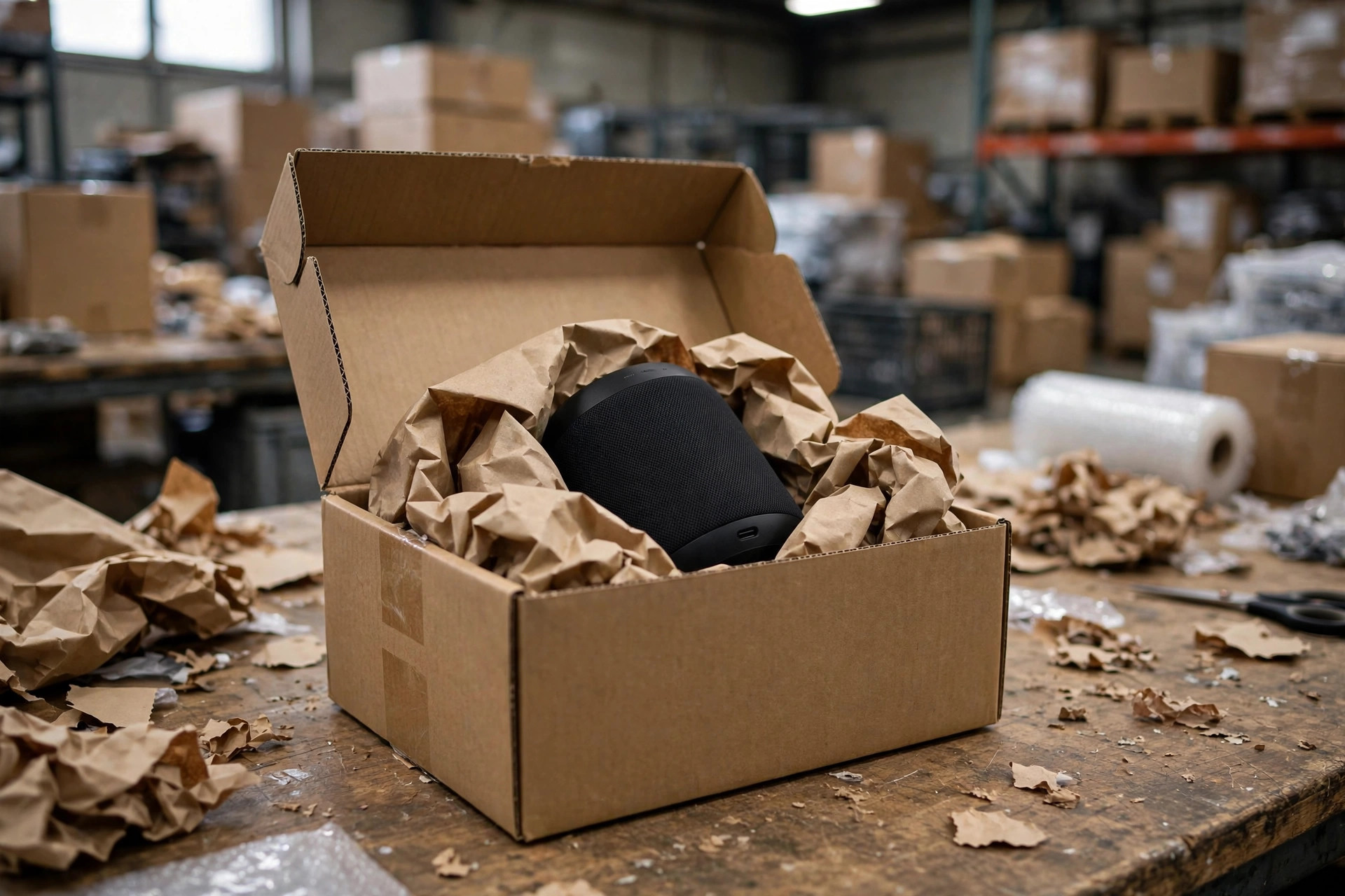 Small warehouse staff simulating shipping drop tests on e-commerce parcel packaging in an open area behind the warehouse