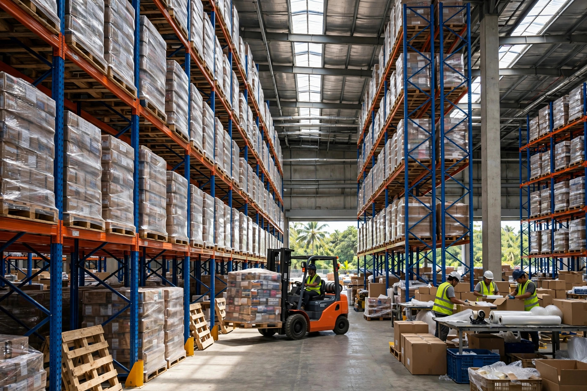 Inside a modern warehouse on Jakarta's east corridor: high-bay racking and forklift operations